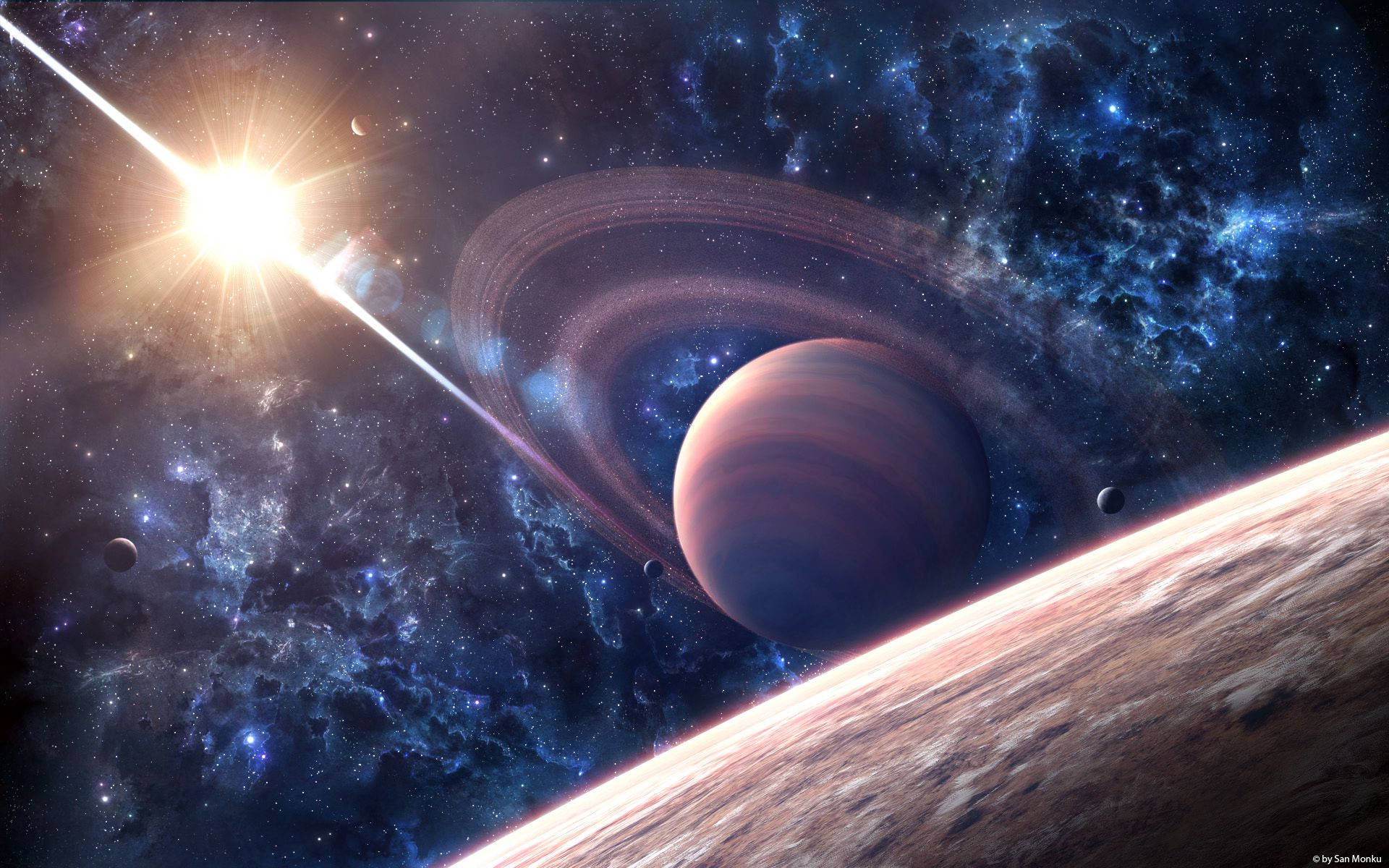 Saturn, ringed planet, starry nebula, Full HD Desktop Wallpaper