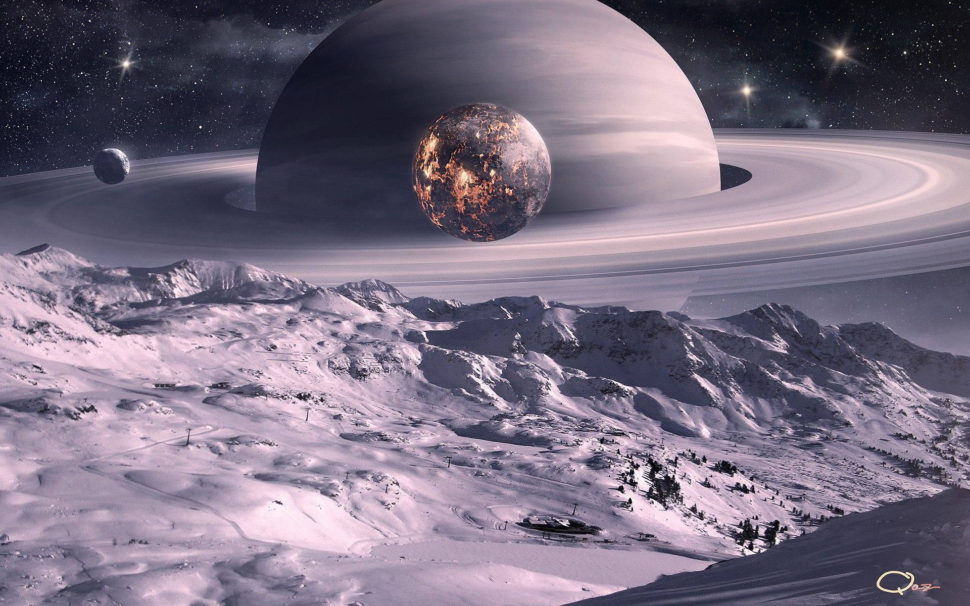 Saturn, ringed planet, fiery moon, Full HD Desktop Wallpaper