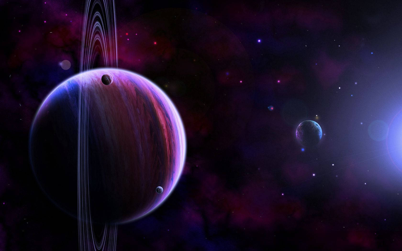 Saturn, purple and blue ringed planet, starry cosmic scene, HD Desktop Wallpaper