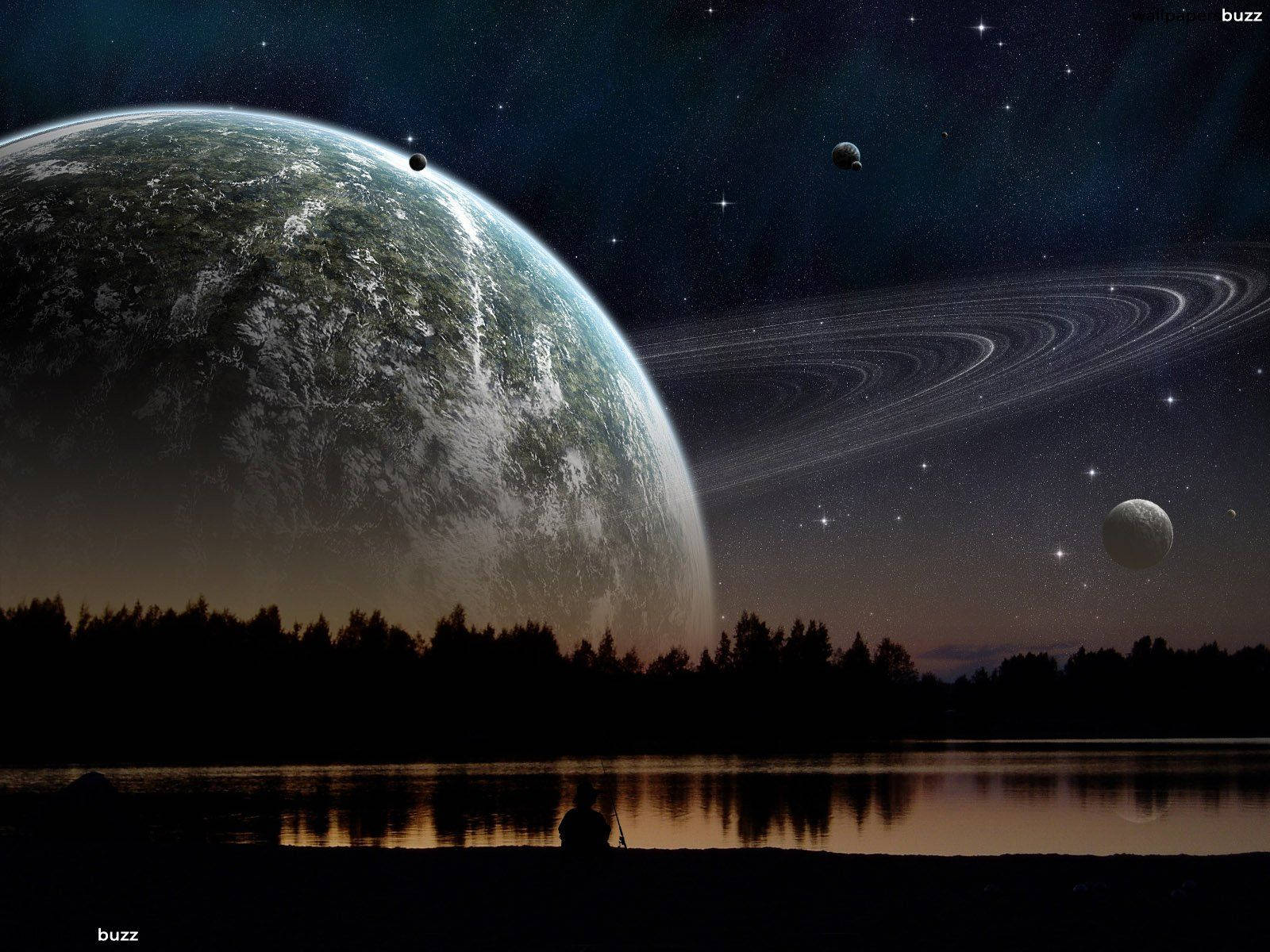 Saturn, twilight, lake, HD Desktop Wallpaper