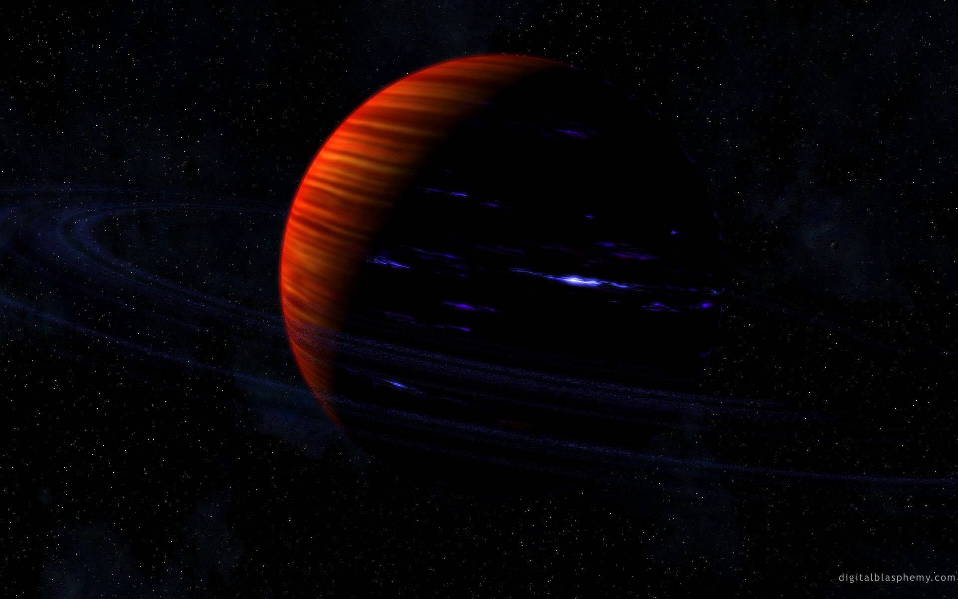 Saturn, red and orange striped gas giant, glowing blue atmospheric bands, Full HD Desktop Wallpaper