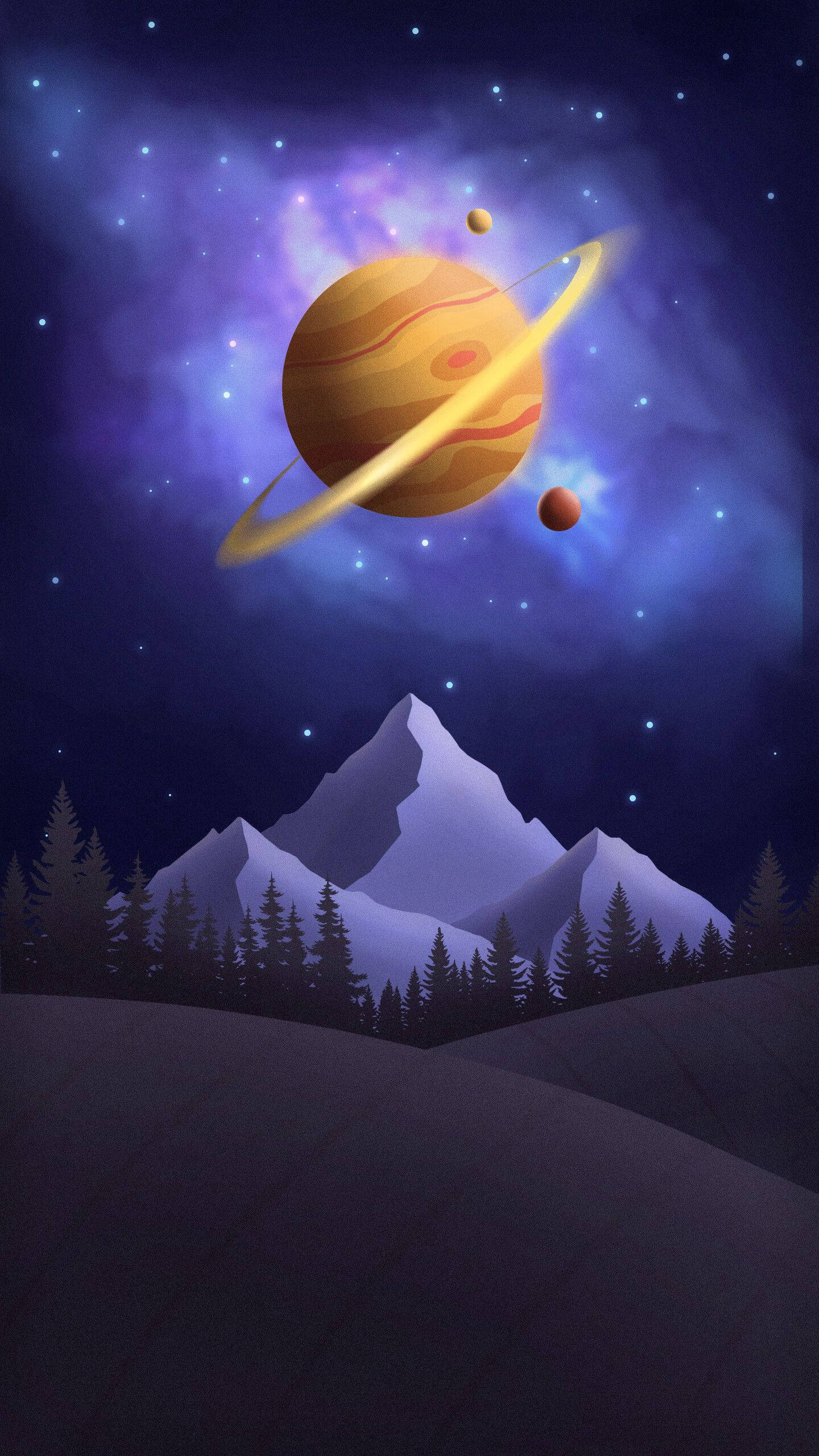 Saturn, mountains, snow-capped mountains, 2K Phone Wallpaper