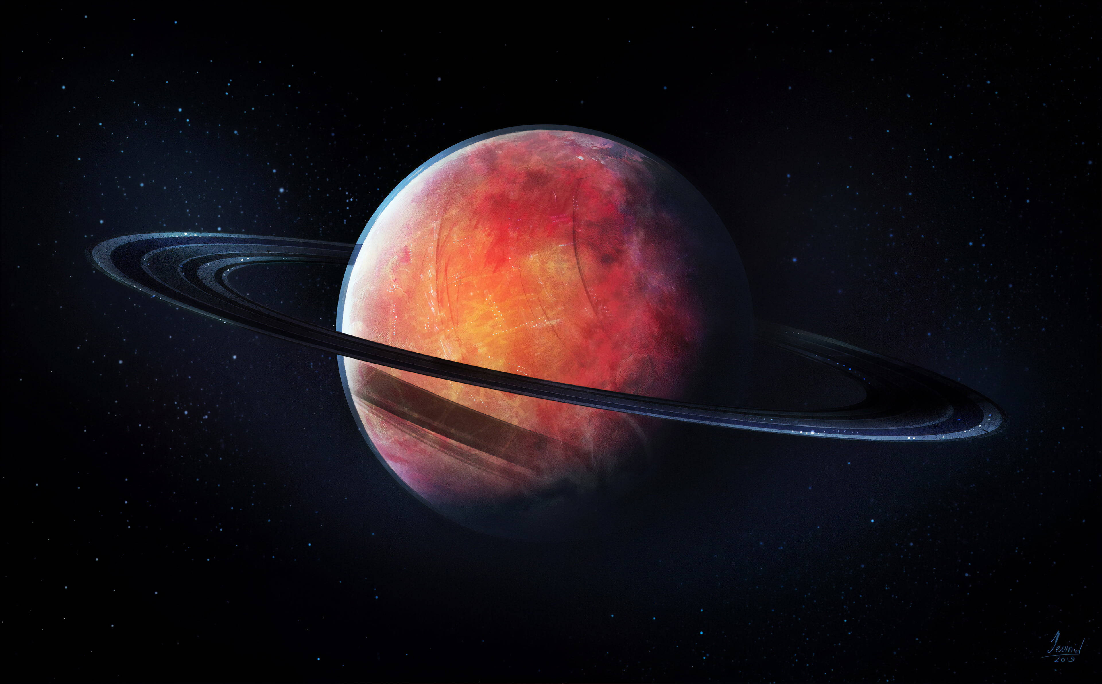 Saturn, black ring, fiery red planet, 4K Desktop Wallpaper