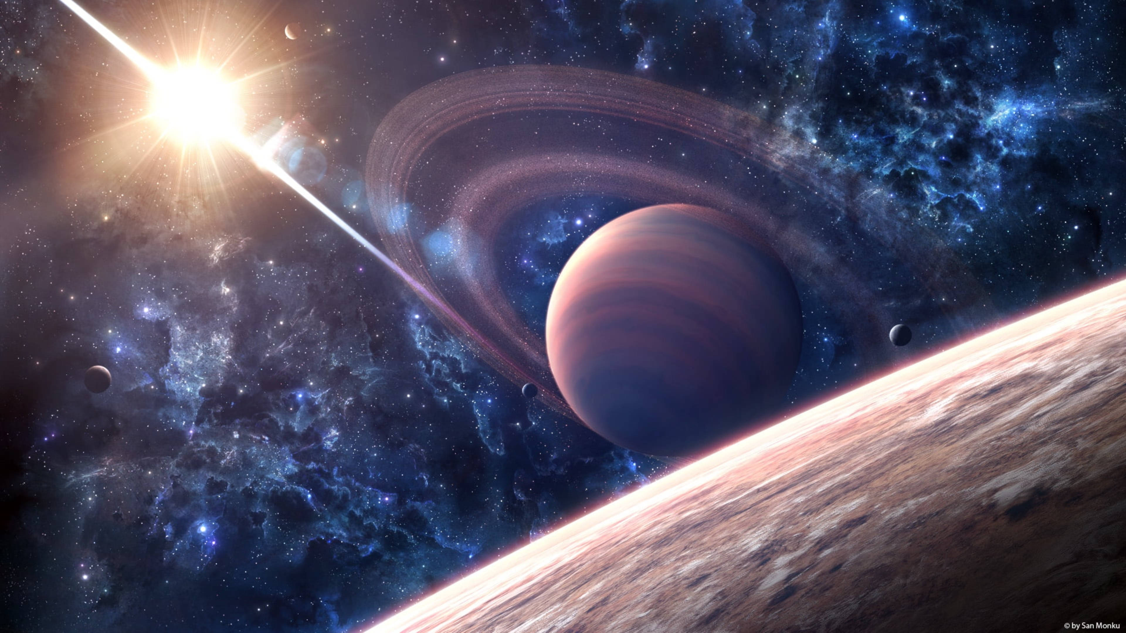 Saturn, Sun, ringed planet, 4K Desktop Wallpaper