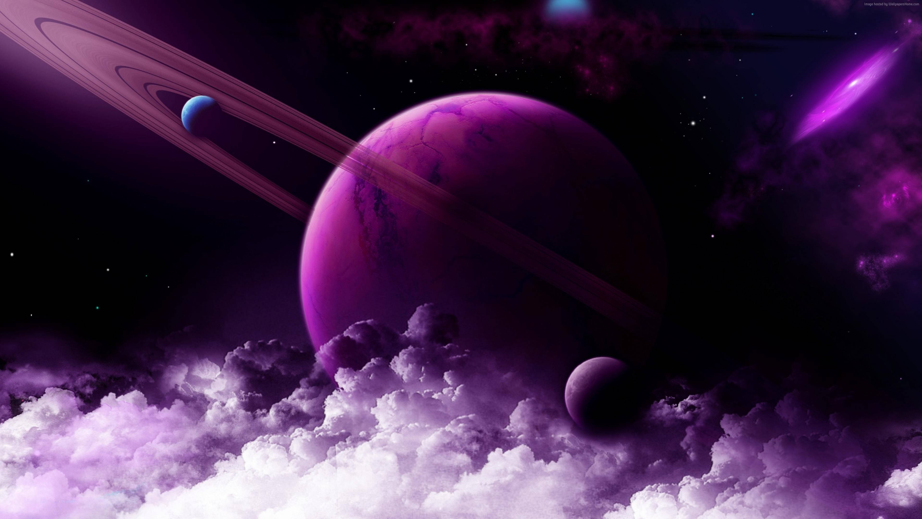 Neon Purple Saturn, purple planet, rings, 4K Desktop Wallpaper
