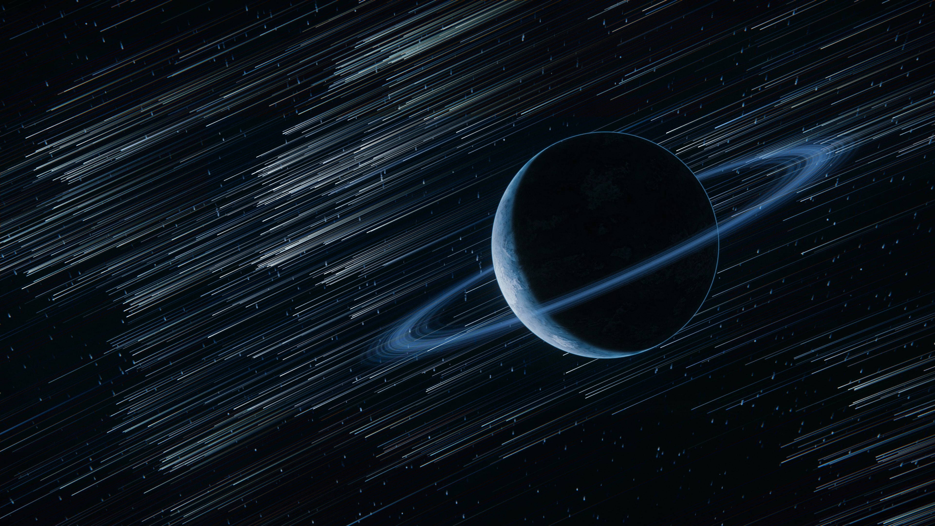 Saturn, glowing blue rings, starfield, 4K Desktop Wallpaper