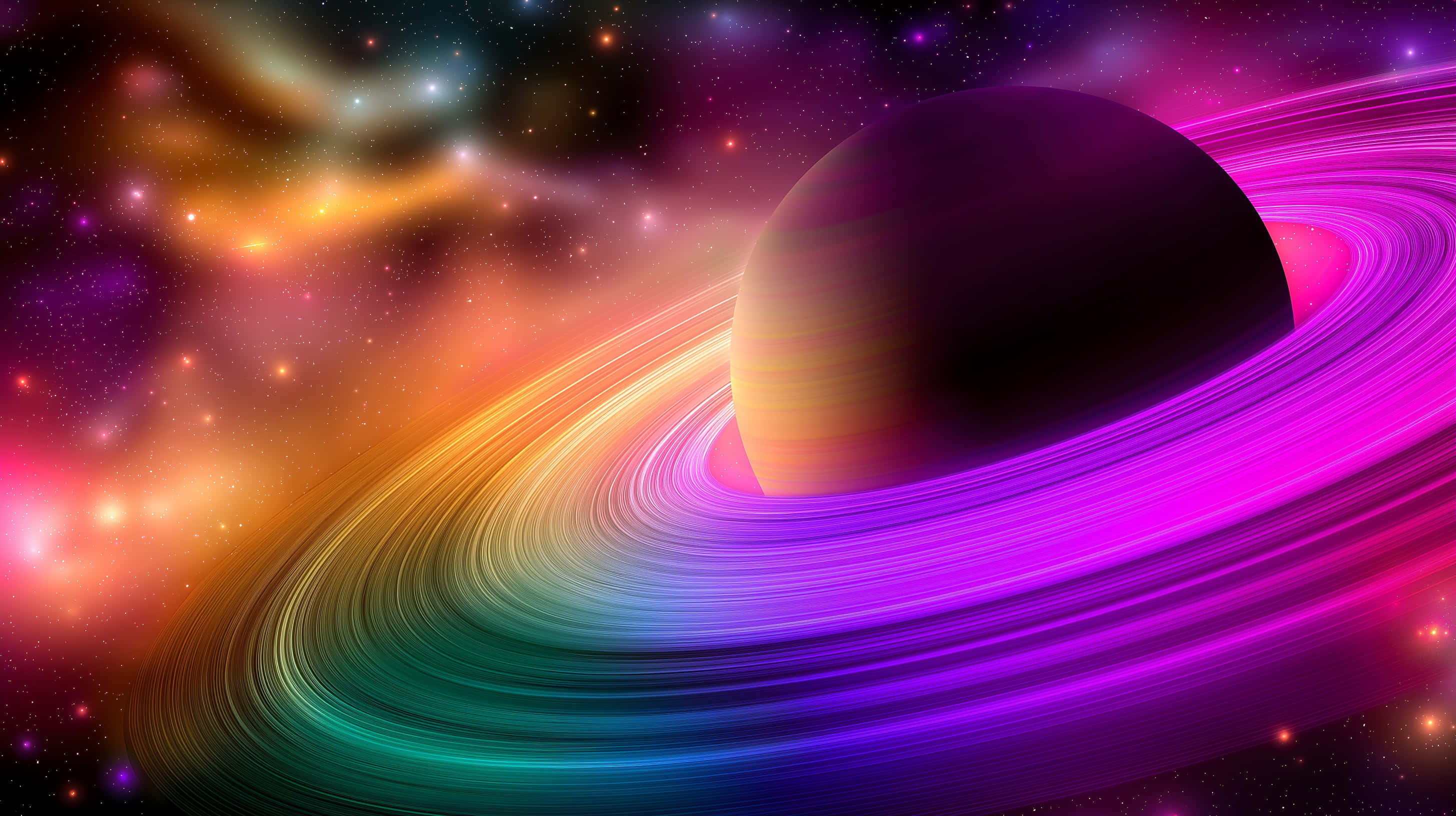 Saturn, rainbow rings, nebula, 2K Desktop Wallpaper