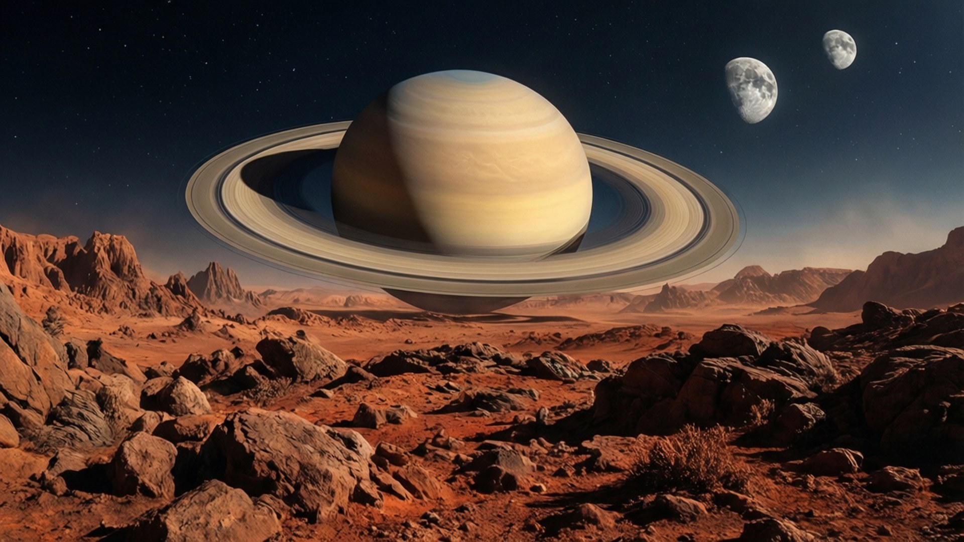Saturn, ringed planet, rugged red alien desert, Full HD Desktop Wallpaper