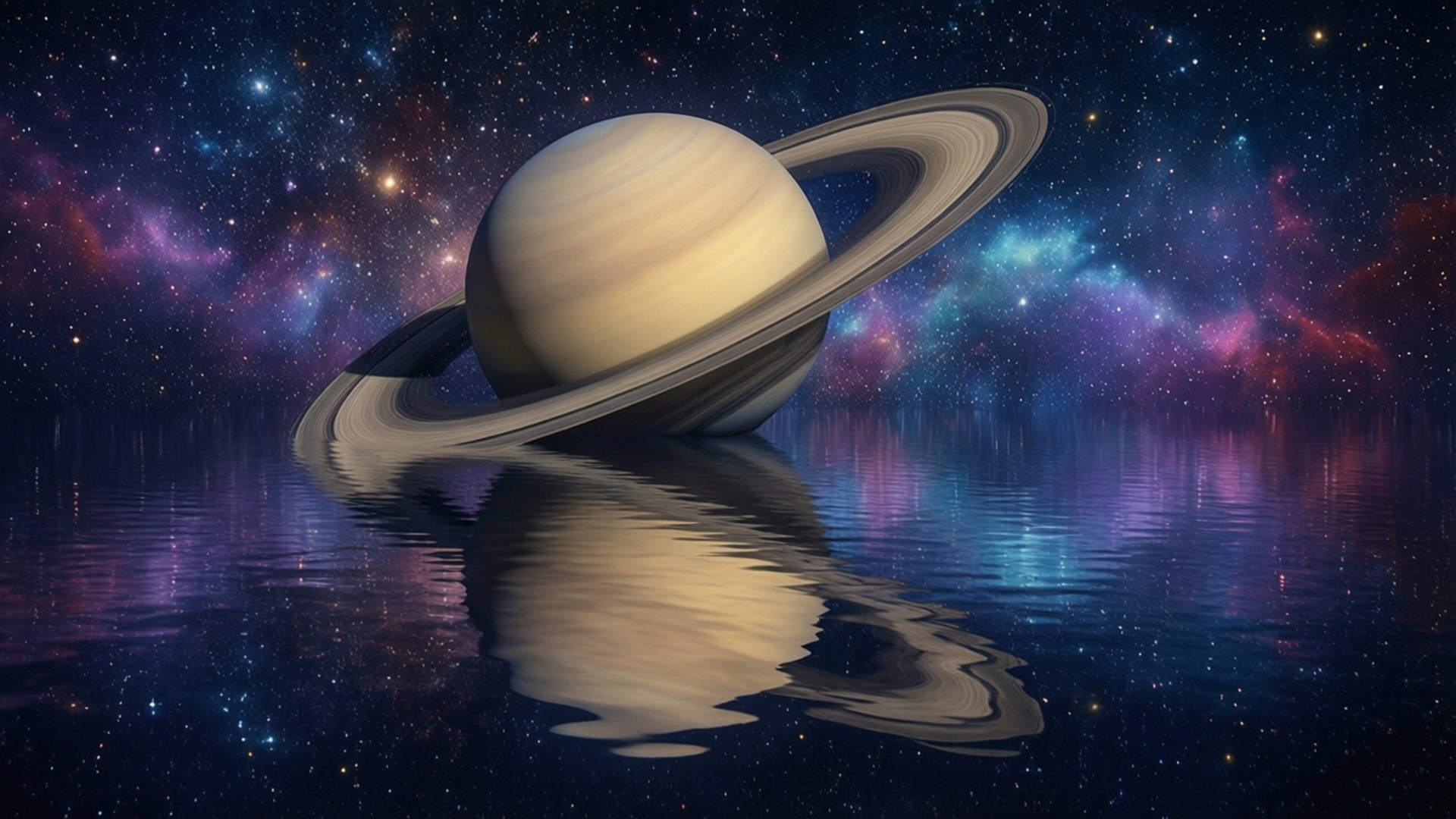 Saturn, cosmic ocean, rippling water, Full HD Desktop Wallpaper