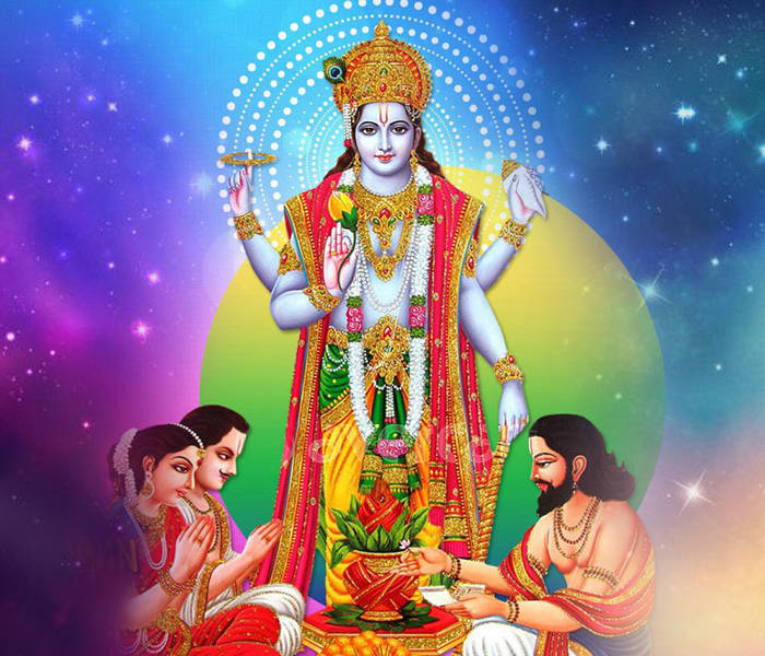 Satyanarayana Swamy, gold jewelry, colorful garments, SD Desktop Wallpaper