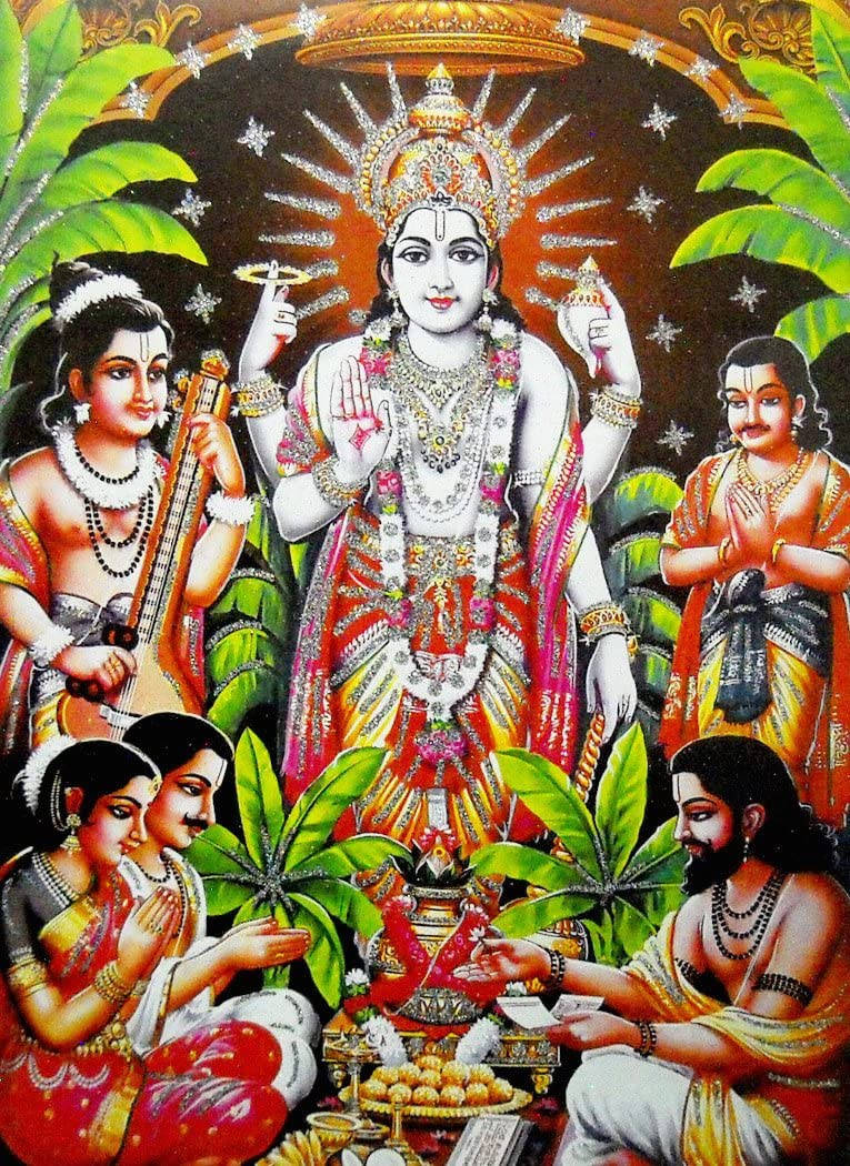 Satyanarayana Swamy, glittery, red background, SD Phone Wallpaper