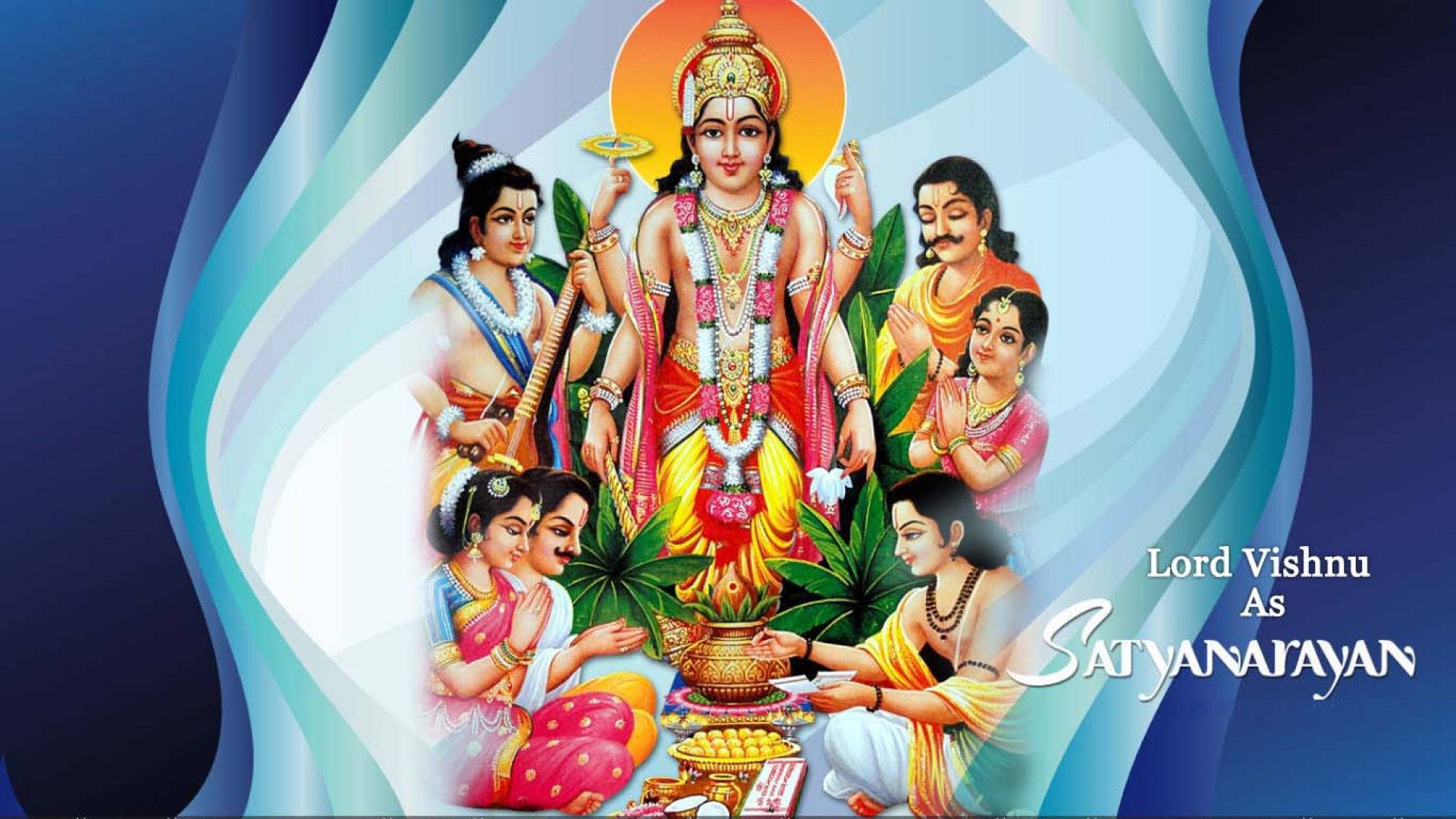Satyanarayana Swamy, golden jewelry, vibrant robes, Full HD Desktop Wallpaper