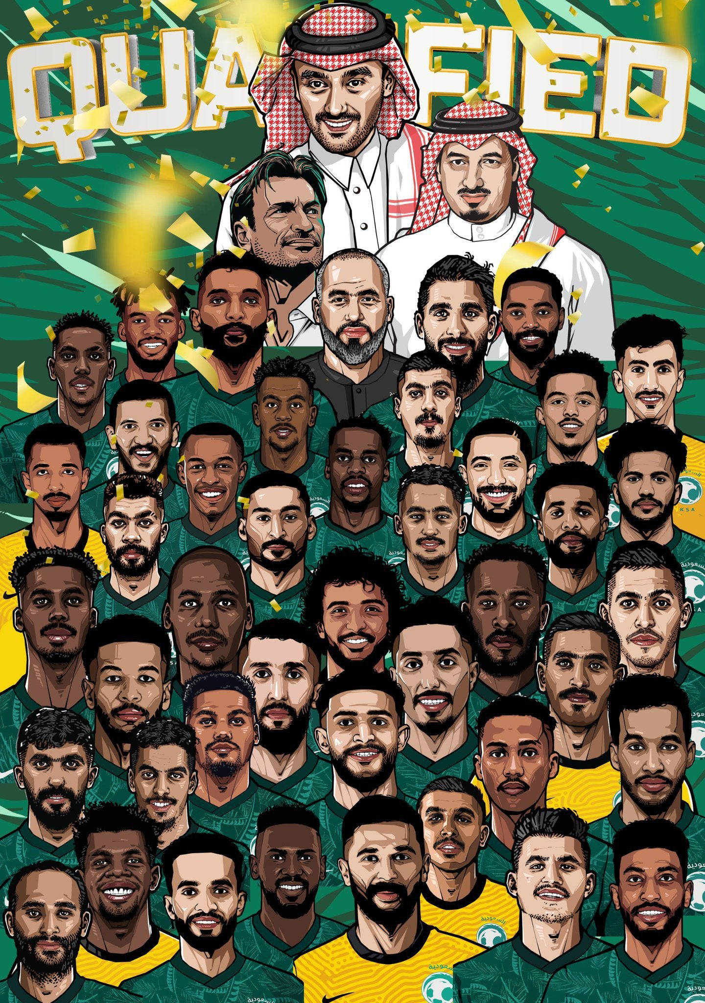 Saudi Arabia National Football Team, cartoon illustration, confetti, Full HD Phone Wallpaper