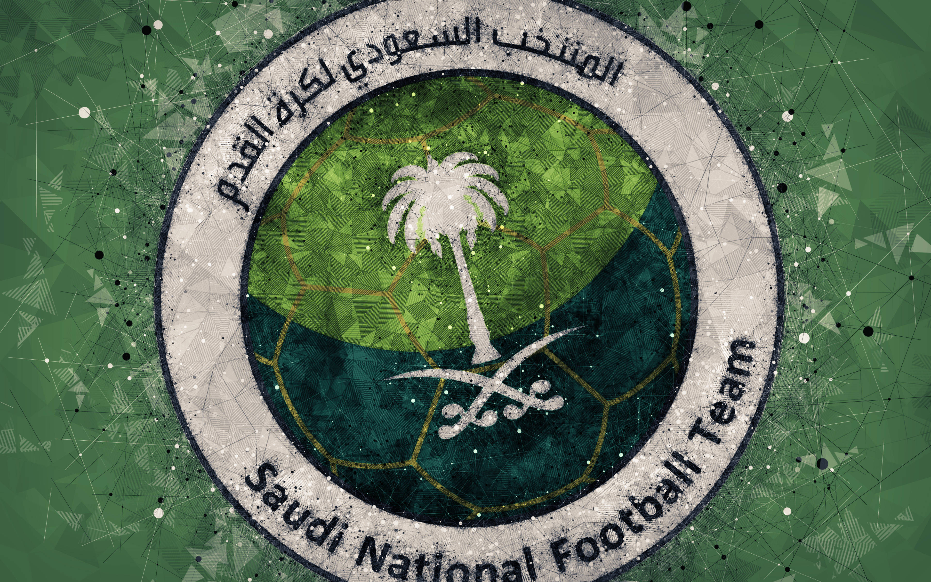 Saudi Arabia National Football Team, white palm tree, crossed swords, 4K Desktop Wallpaper