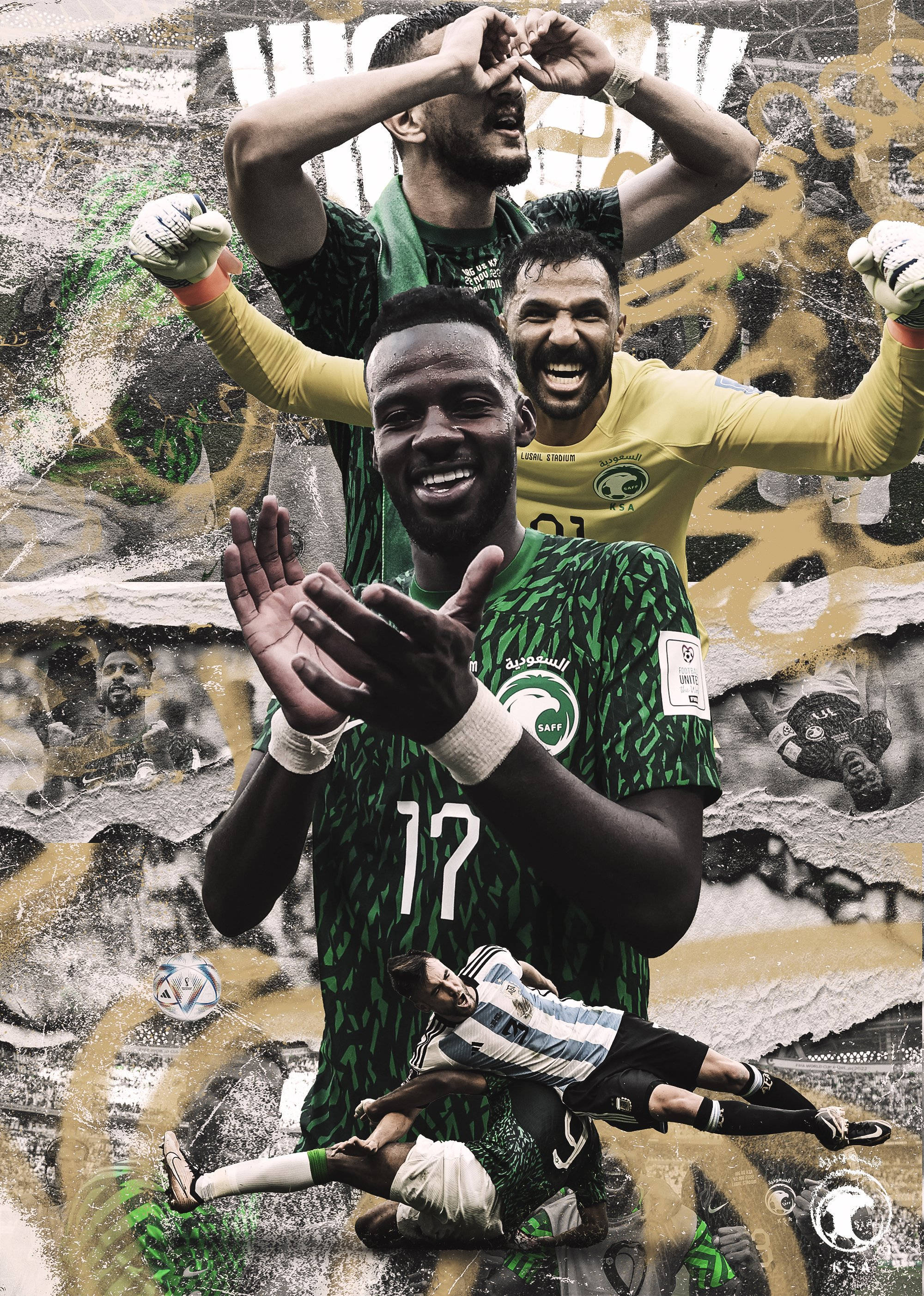 Saudi Arabia National Football Team, green jerseys, graffiti-streaked background, 2K Phone Wallpaper