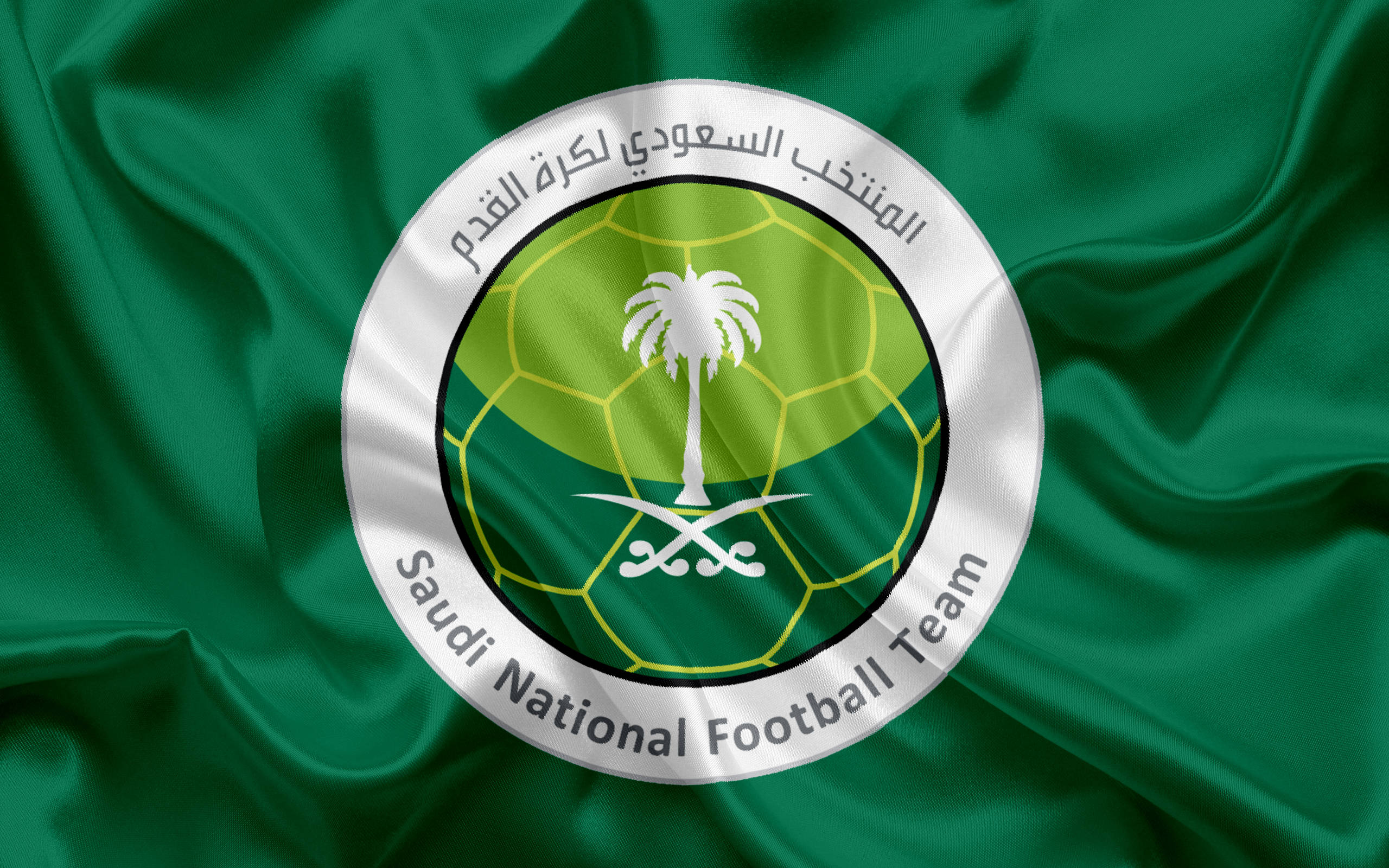 Saudi Arabia National Football Team, green satin flag, silver circular emblem, 2K Desktop Wallpaper