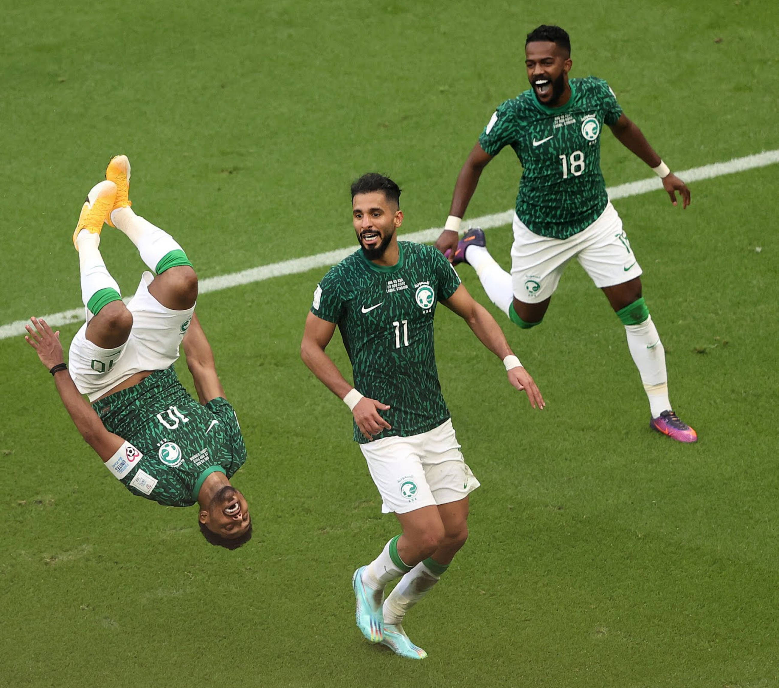 Saudi Arabia National Football Team, green jerseys, vibrant green pitch, 2K Desktop Wallpaper