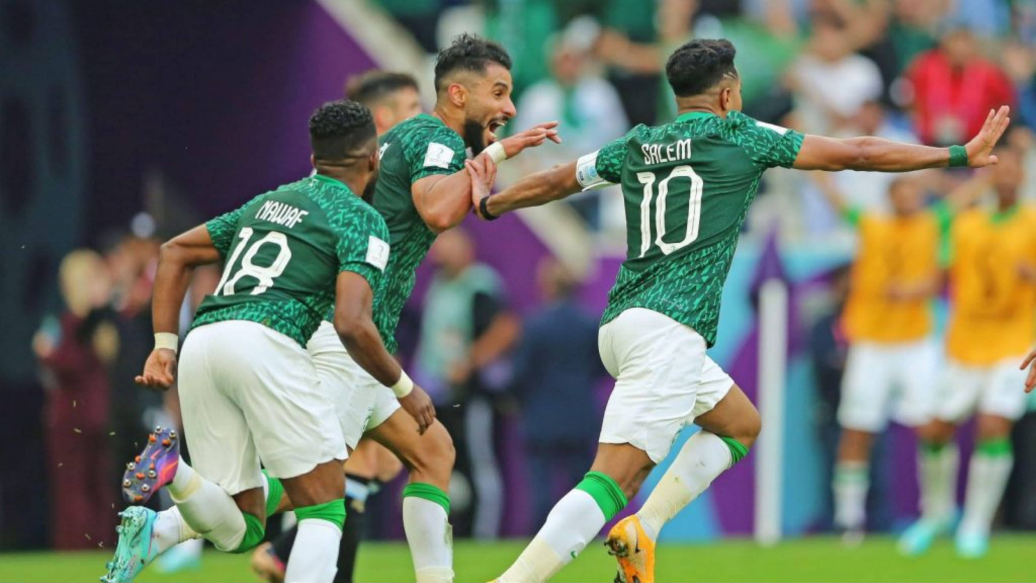 Saudi Arabia National Football Team, green jerseys, vibrant stadium field, 2K Desktop Wallpaper