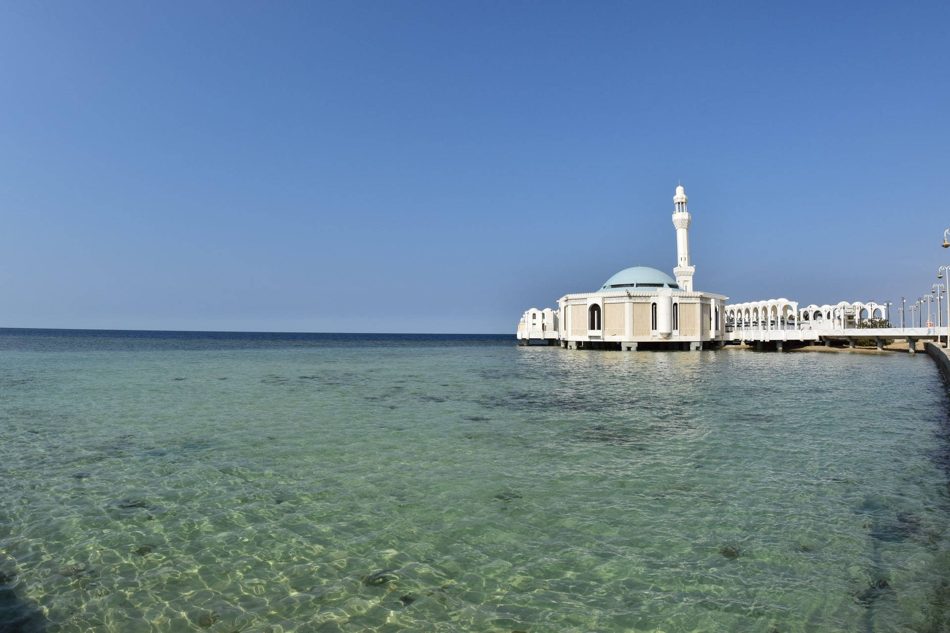 floating mosque, white mosque, blue dome, Full HD Desktop Wallpaper