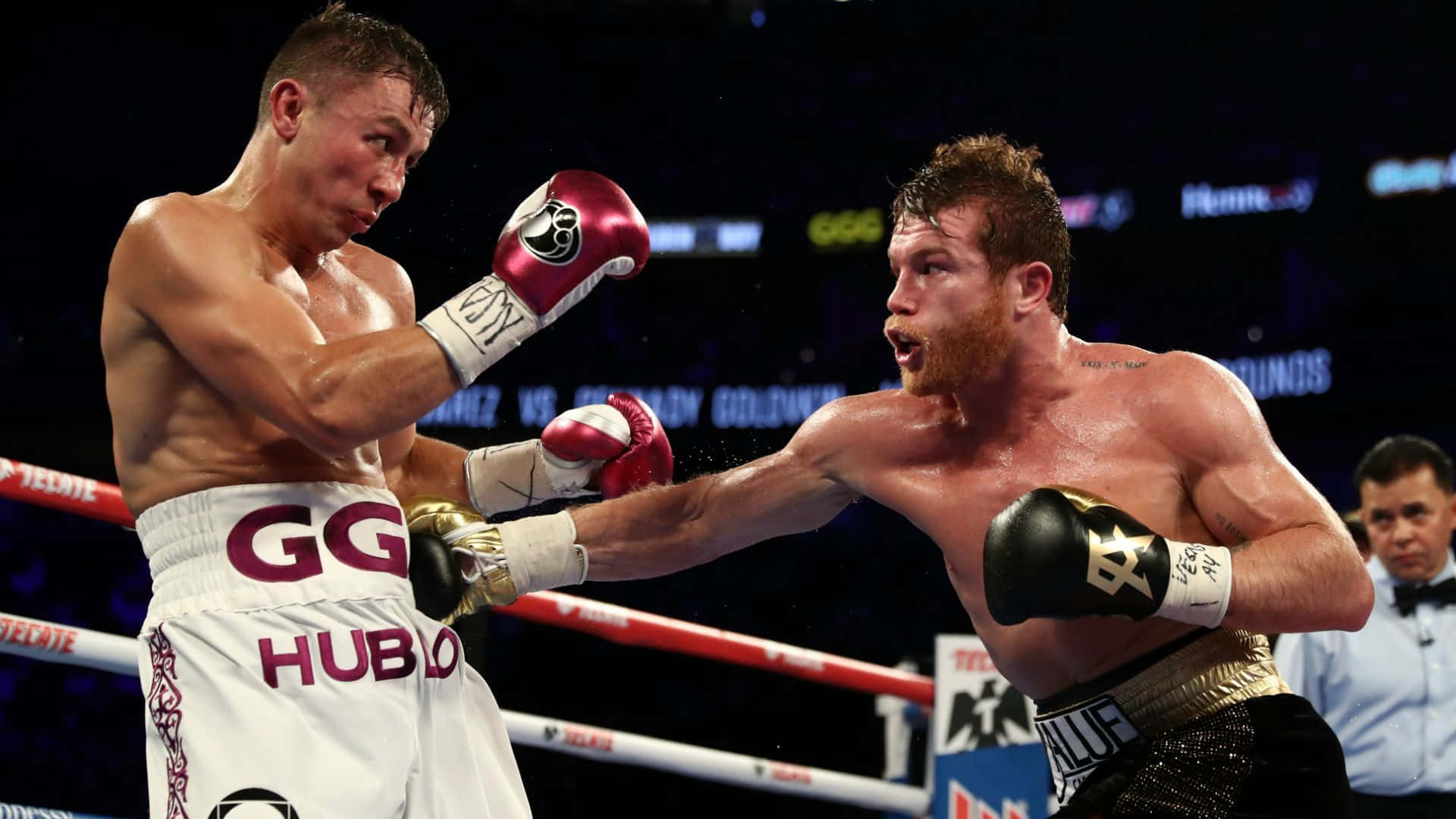 Saul Canelo Alvarez, ring fight, bright arena lights, Full HD Desktop Wallpaper