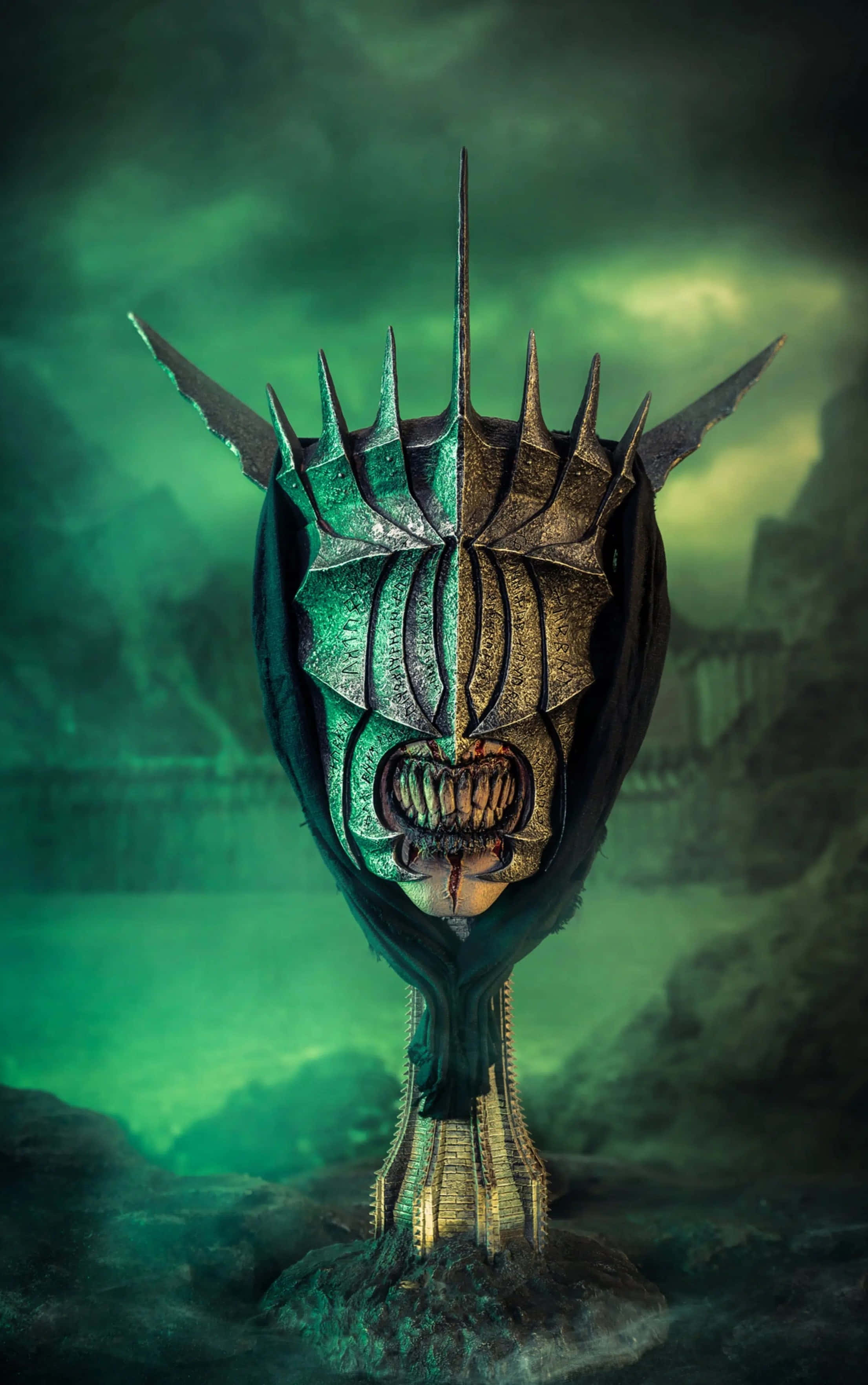 Sauron, spiked helmet, grotesque face, 2K Phone Wallpaper