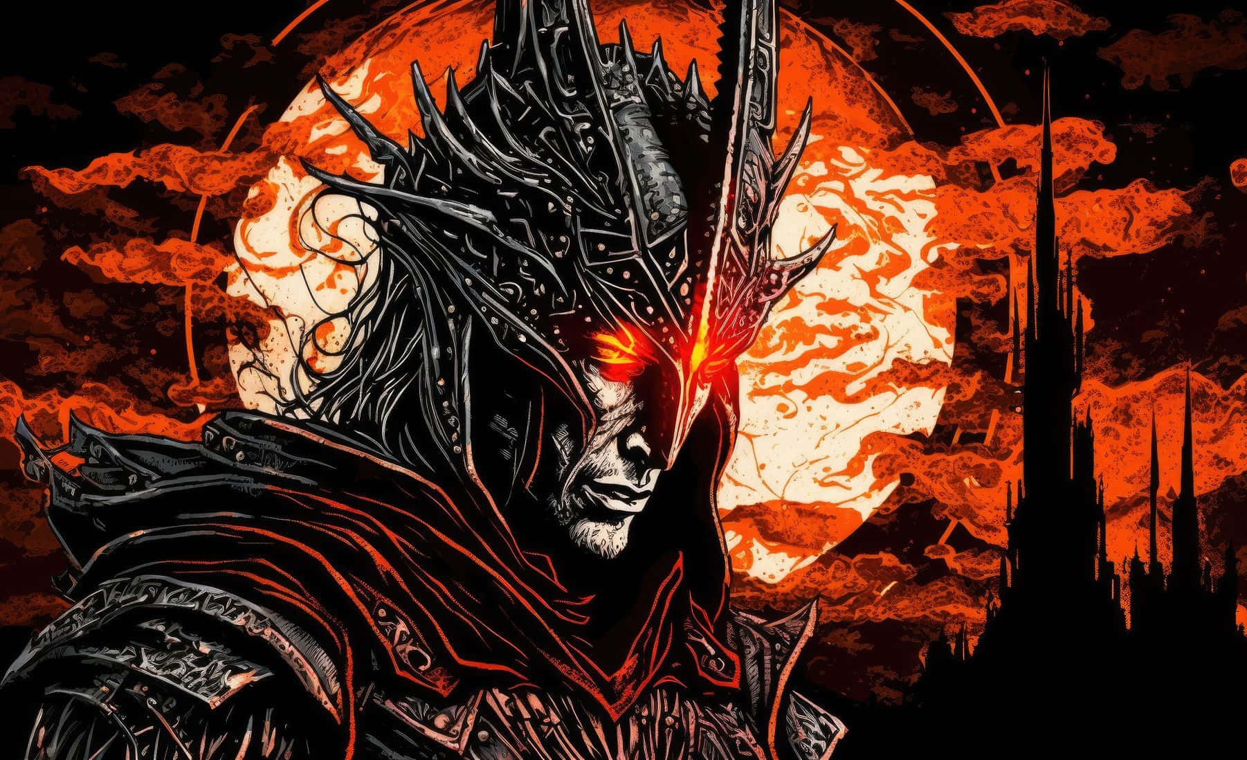 Sauron, glowing red eyes, spiked armor, HD Desktop Wallpaper