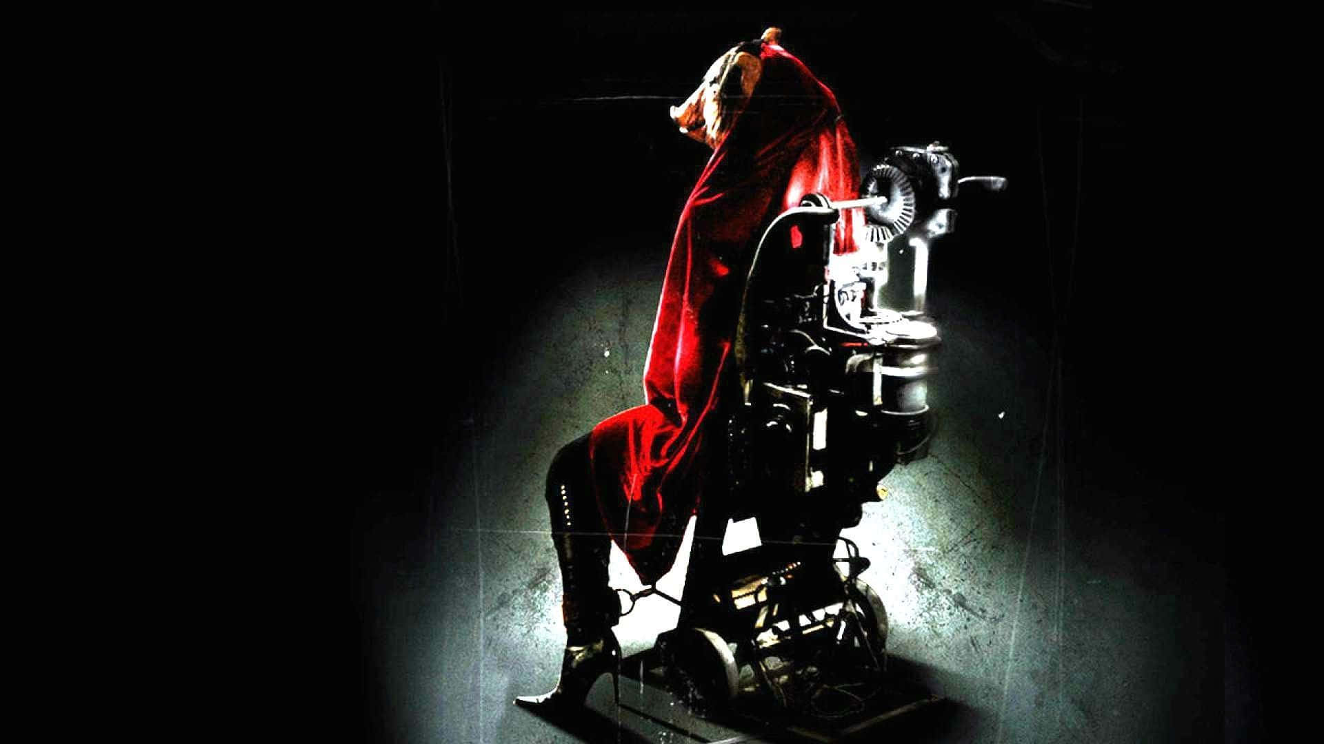 Saw, red cloak, mechanical chair, Full HD Desktop Wallpaper