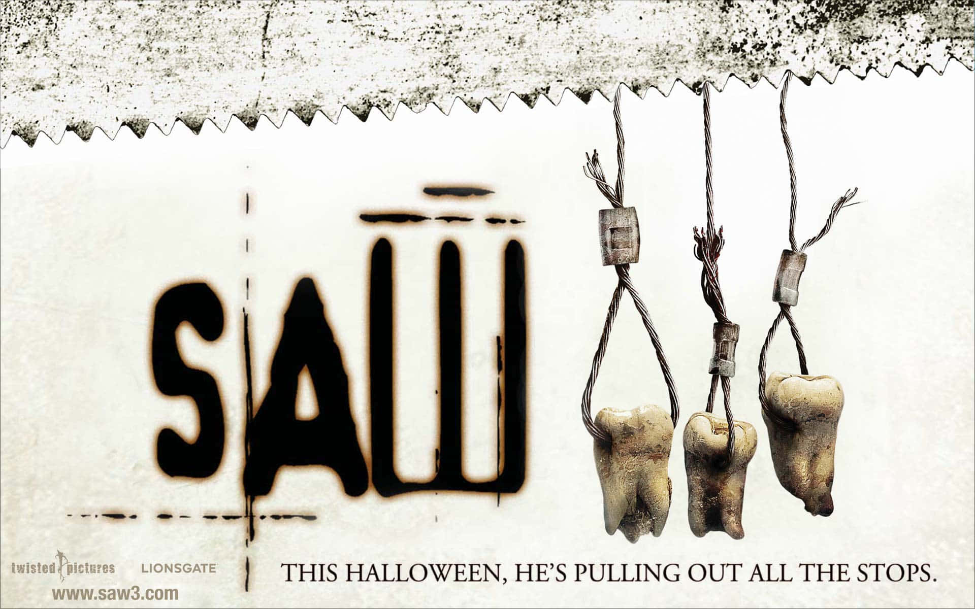 Saw, black letters, textured wall, Full HD Desktop Wallpaper