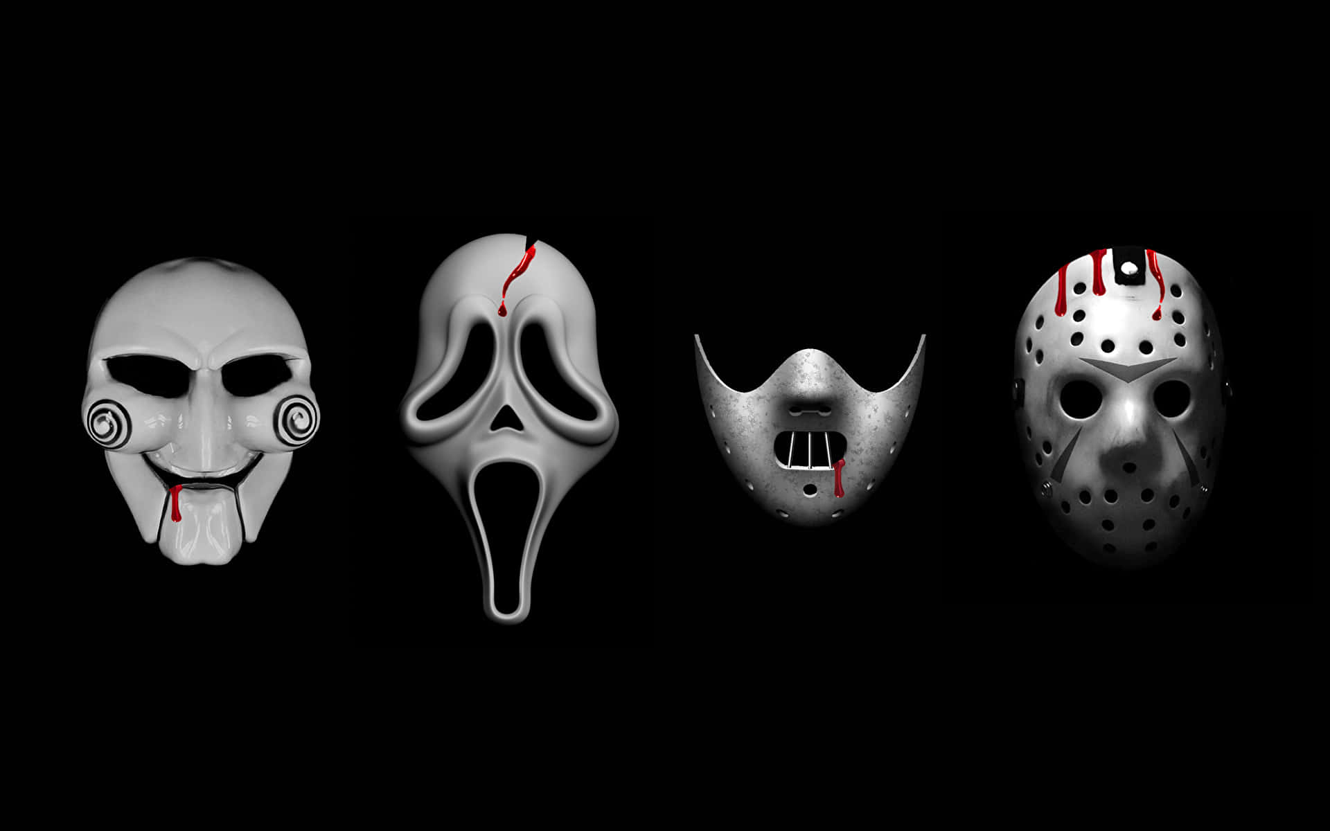 Saw, four different masks, blood drips, Full HD Desktop Wallpaper