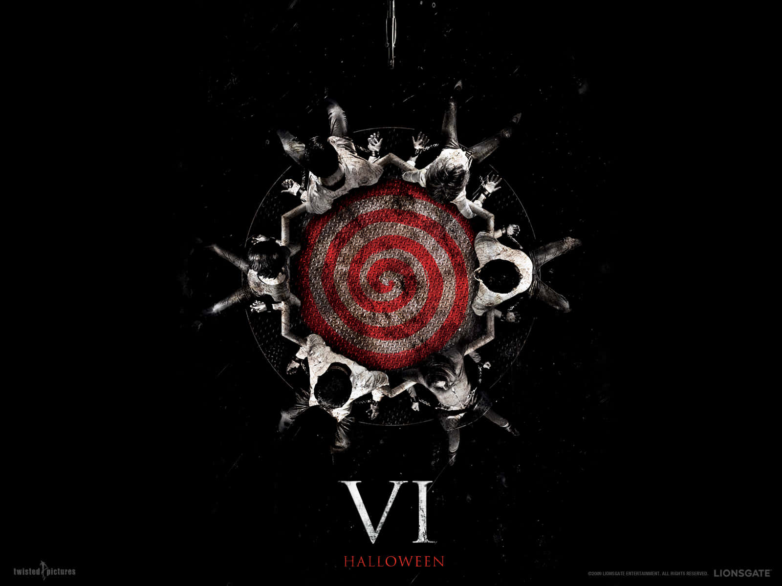 Saw, red spiral target, black background, HD Desktop Wallpaper