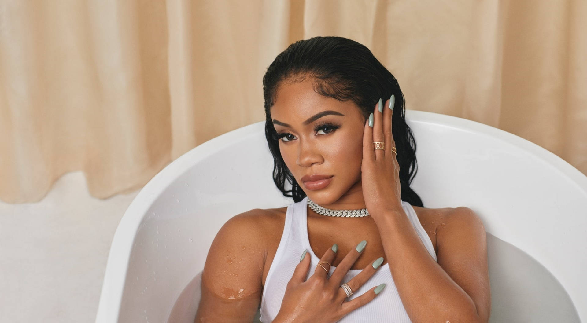 Saweetie, white bathtub, white top, Full HD Desktop Wallpaper