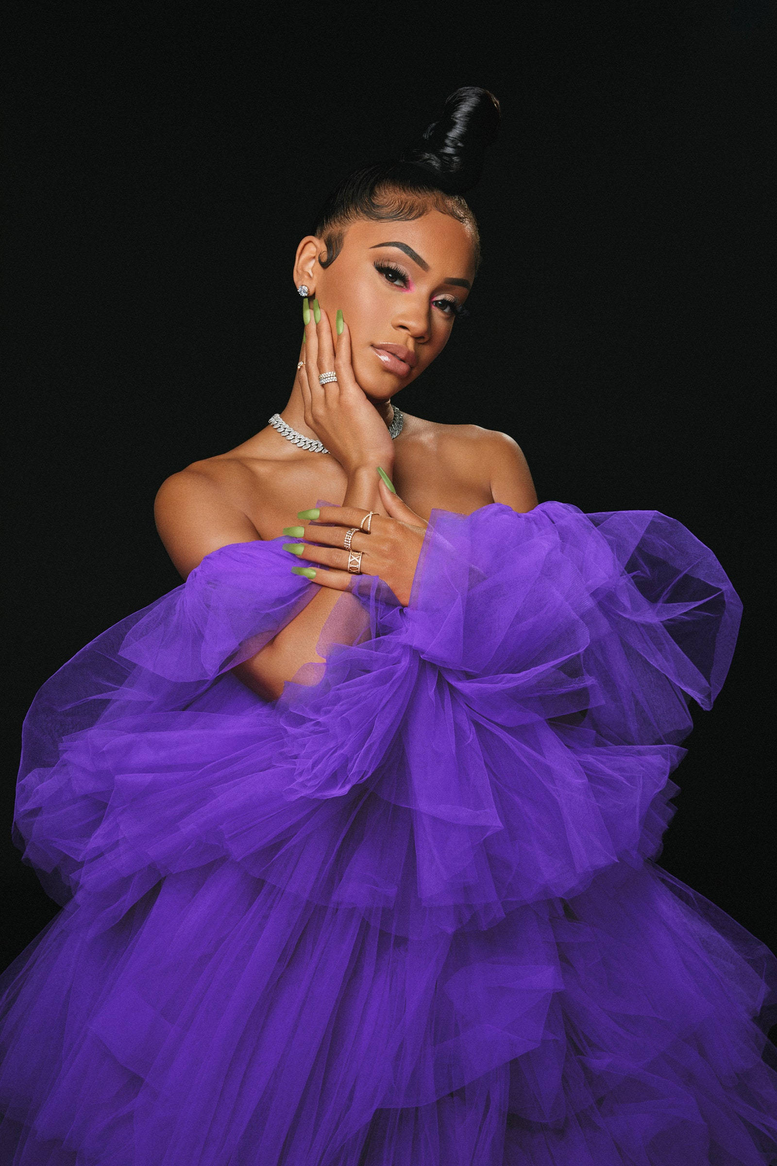 Saweetie, purple tulle gown, black background, Full HD Phone Wallpaper