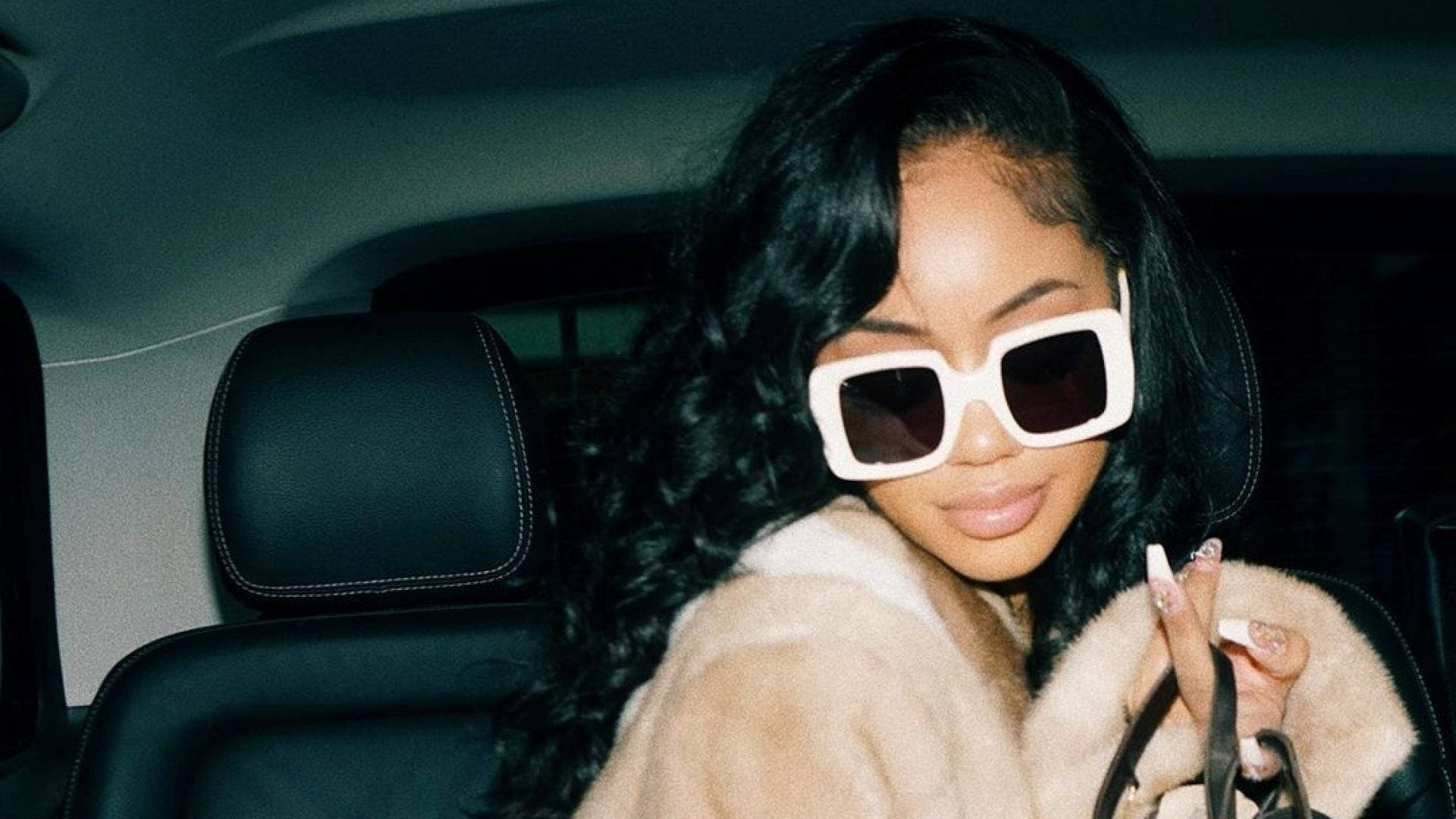 Saweetie, long black curls, bold white sunglasses, Full HD Desktop Wallpaper