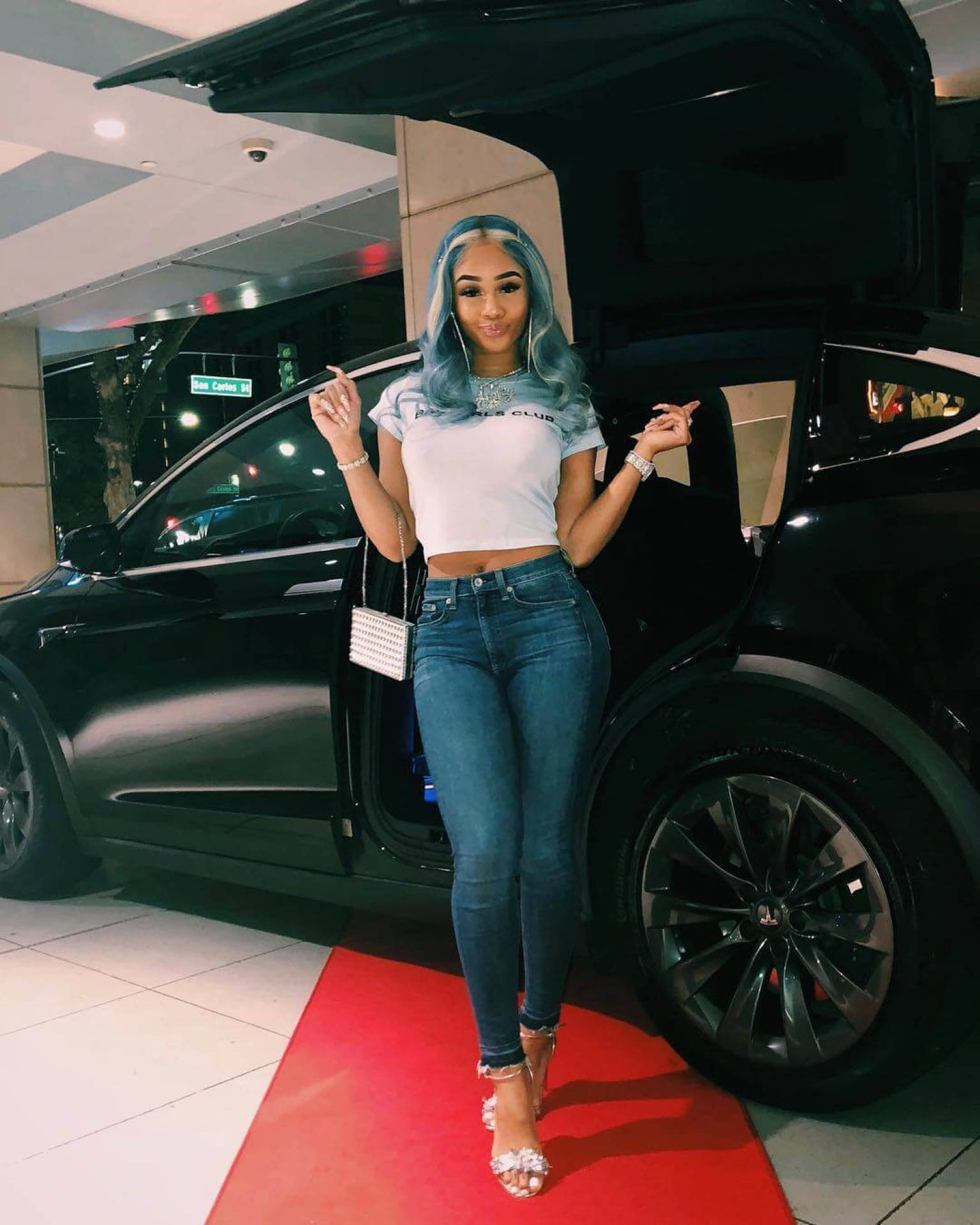 Saweetie, blue hair, black Tesla, Full HD Phone Wallpaper
