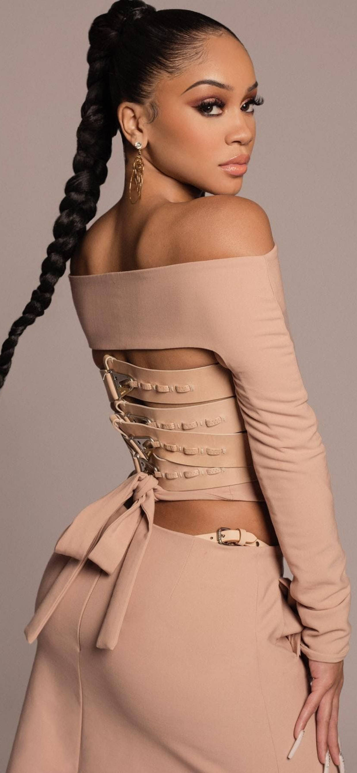 Saweetie, beige off-shoulder corset dress, long braided hair, 2K Phone Wallpaper