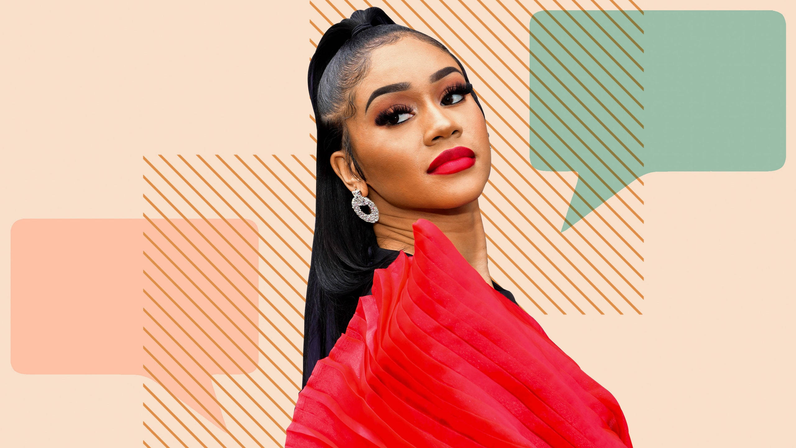 Saweetie, red lipstick, high ponytail, 2K Desktop Wallpaper