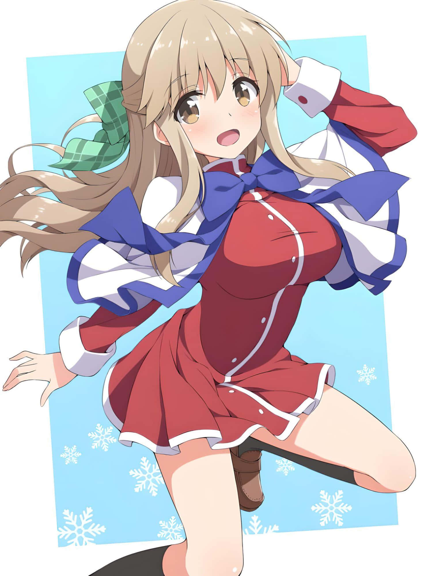 Sayuri Kurata, red and blue winter outfit, snowy blue background, Full HD Phone Wallpaper