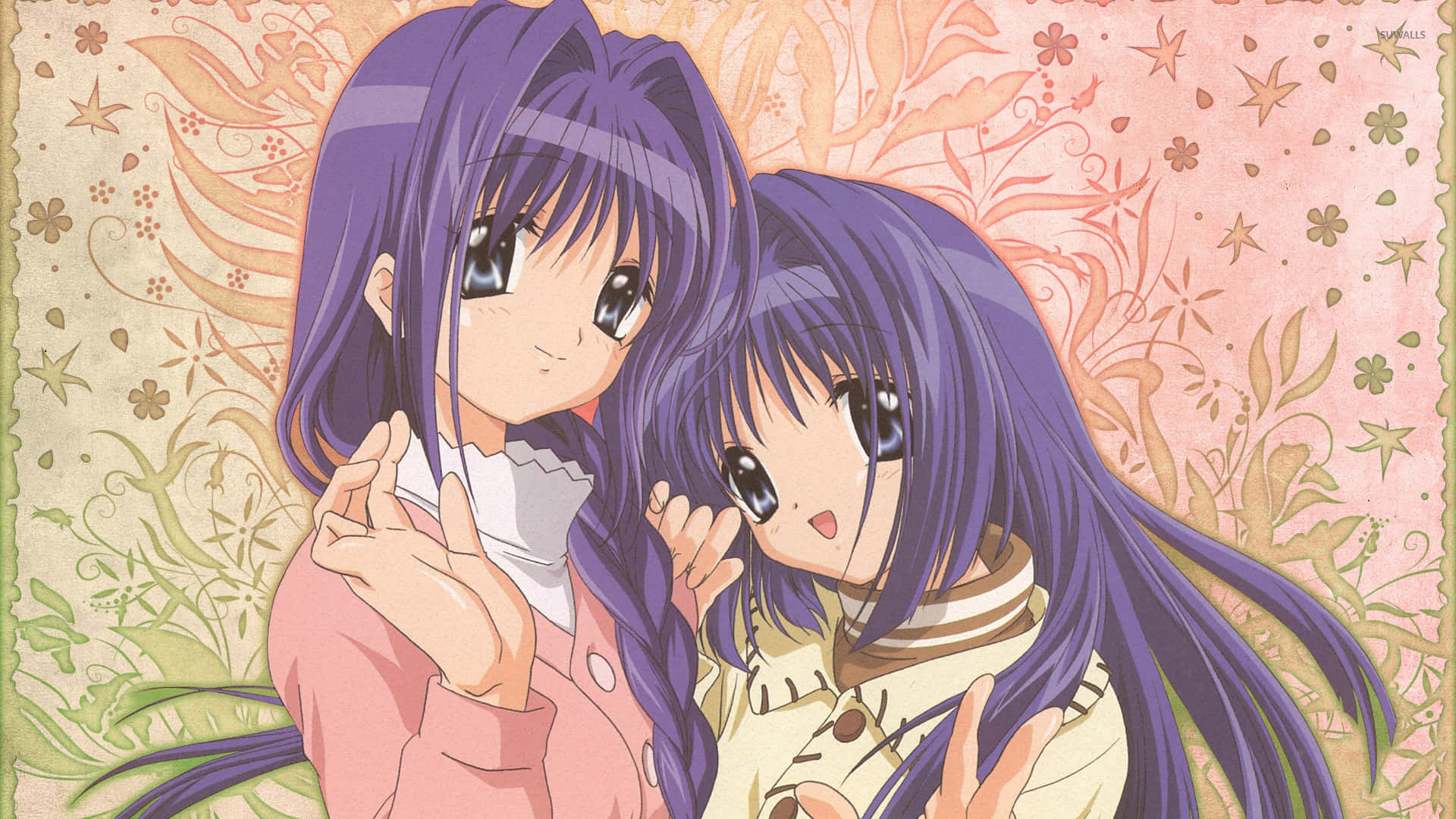 Sayuri Kurata, long purple hair, floral patterned wallpaper, Full HD Desktop Wallpaper