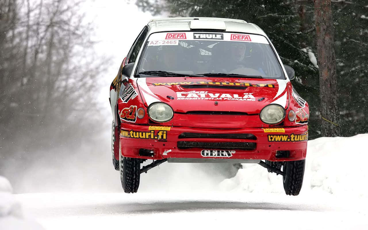 ice racing, red rally car, snowy woods, HD Desktop Wallpaper