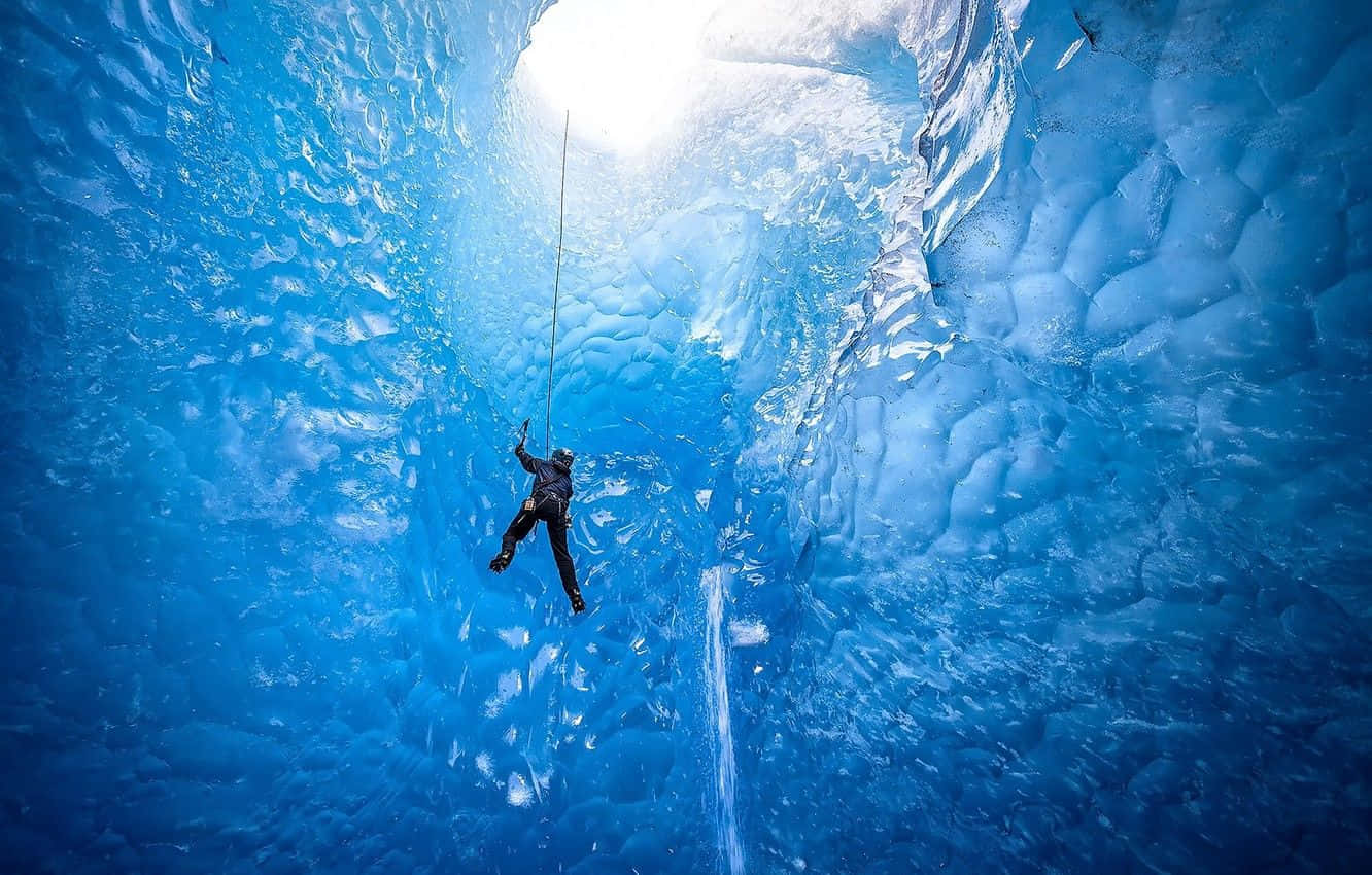 ice climbing, frozen waterfall, luminous blue ice cave, HD Desktop Wallpaper
