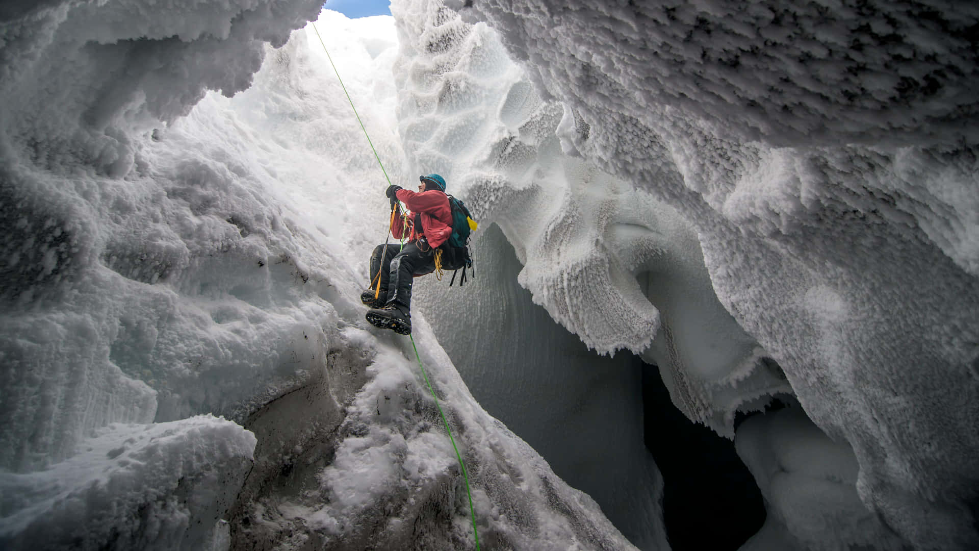 ice climbing, red gear, frozen waterfall, Full HD Desktop Wallpaper