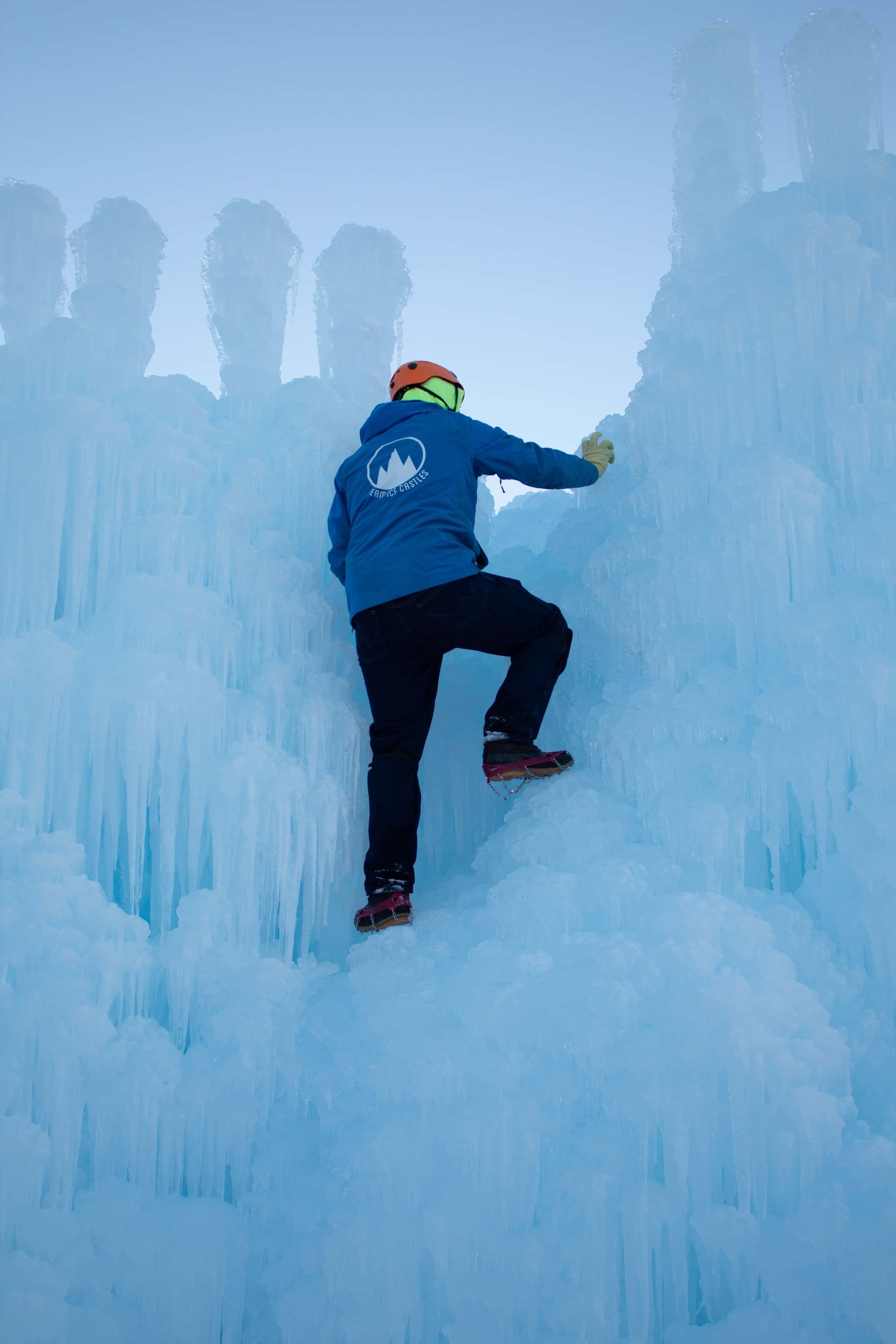 ice climbing, blue jacket, orange helmet, 2K Phone Wallpaper