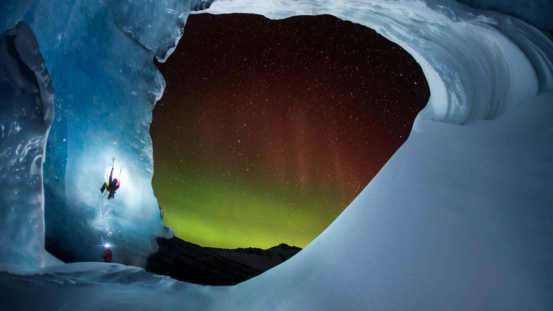 ice climbing, glowing ice cave, aurora borealis, Full HD Desktop Wallpaper