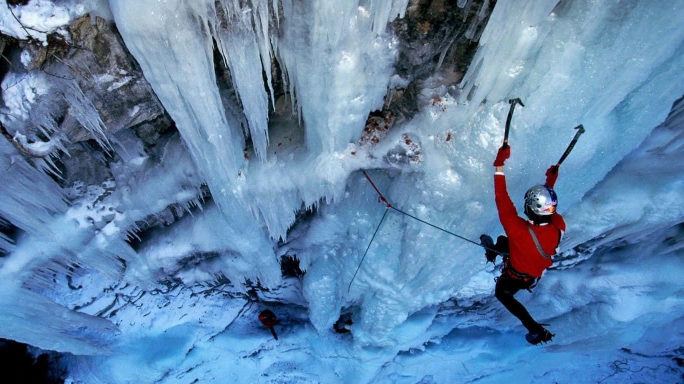 ice climber, red jacket, towering frozen waterfall, HD Desktop Wallpaper