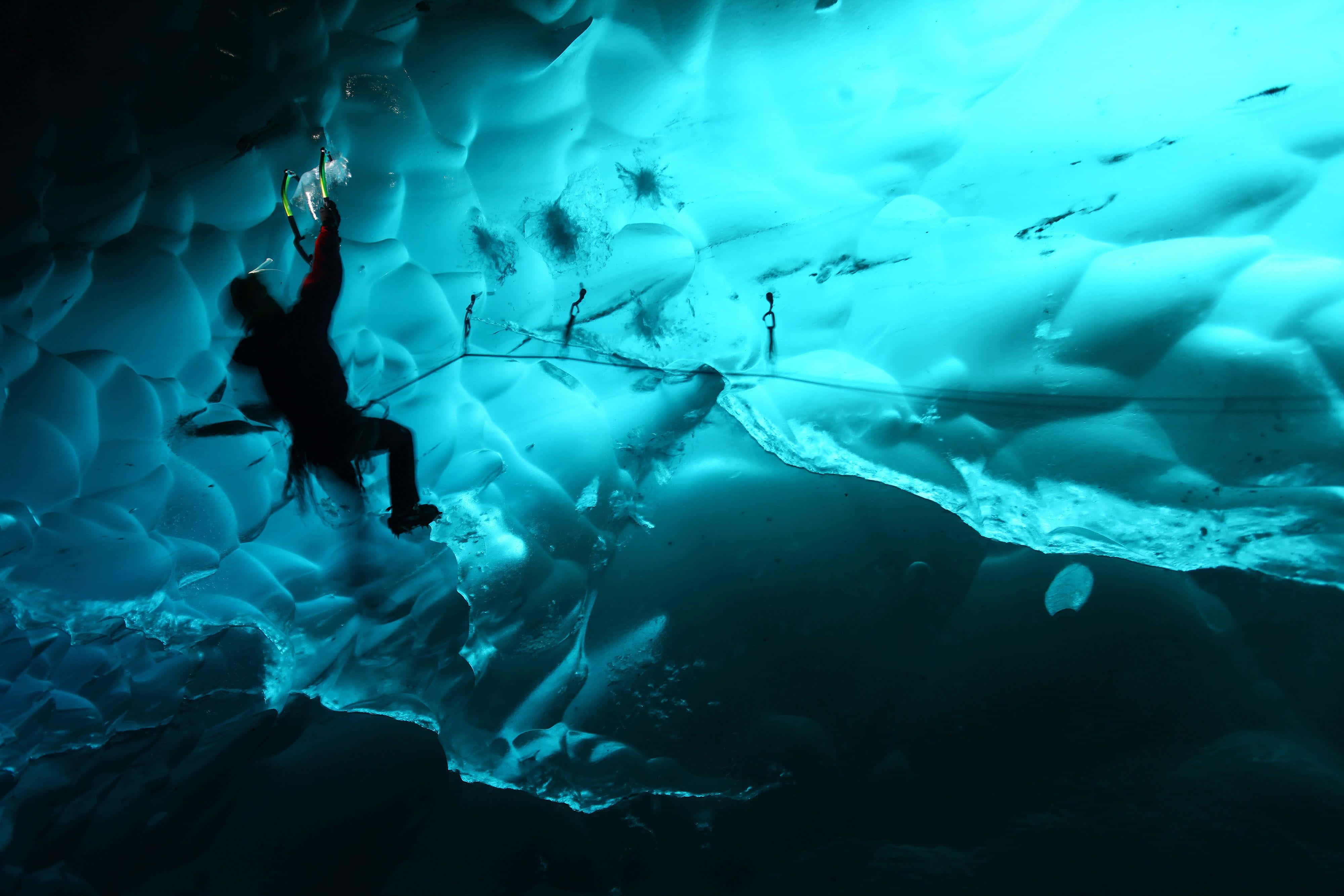 ice climbing, glowing blue ice cave, rope gear, 4K Desktop Wallpaper