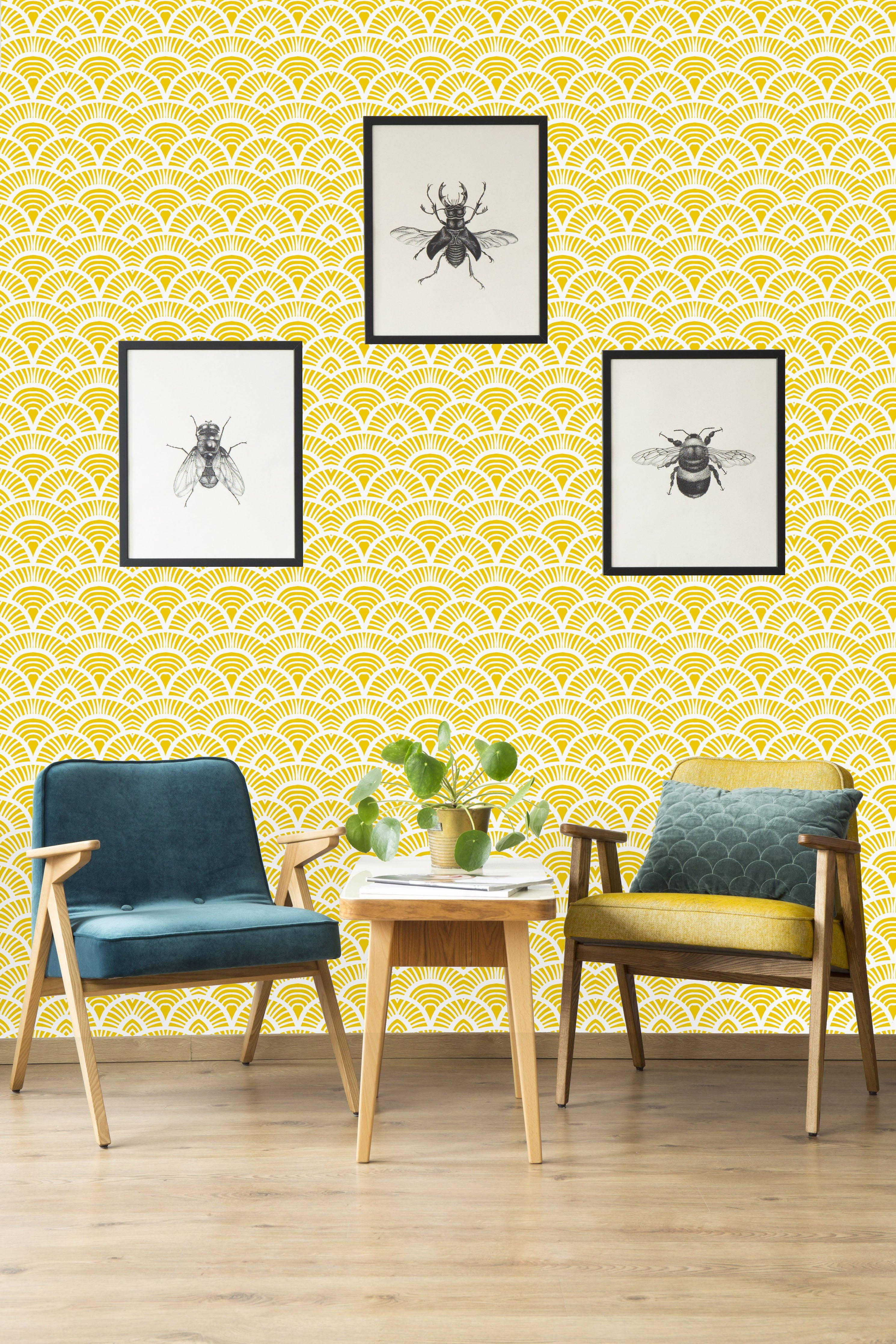 scallops pattern, yellow aesthetic, mid-century modern living room, 4K Phone Wallpaper