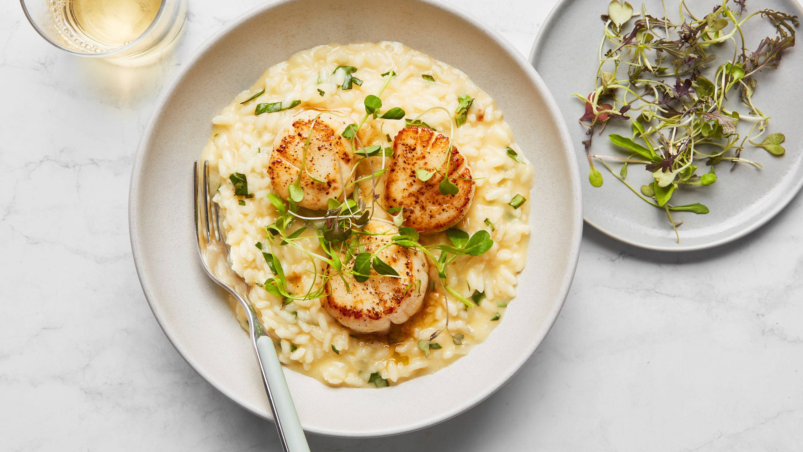 Risotto Scallops White, creamy risotto, seared scallops, 2K Desktop Wallpaper