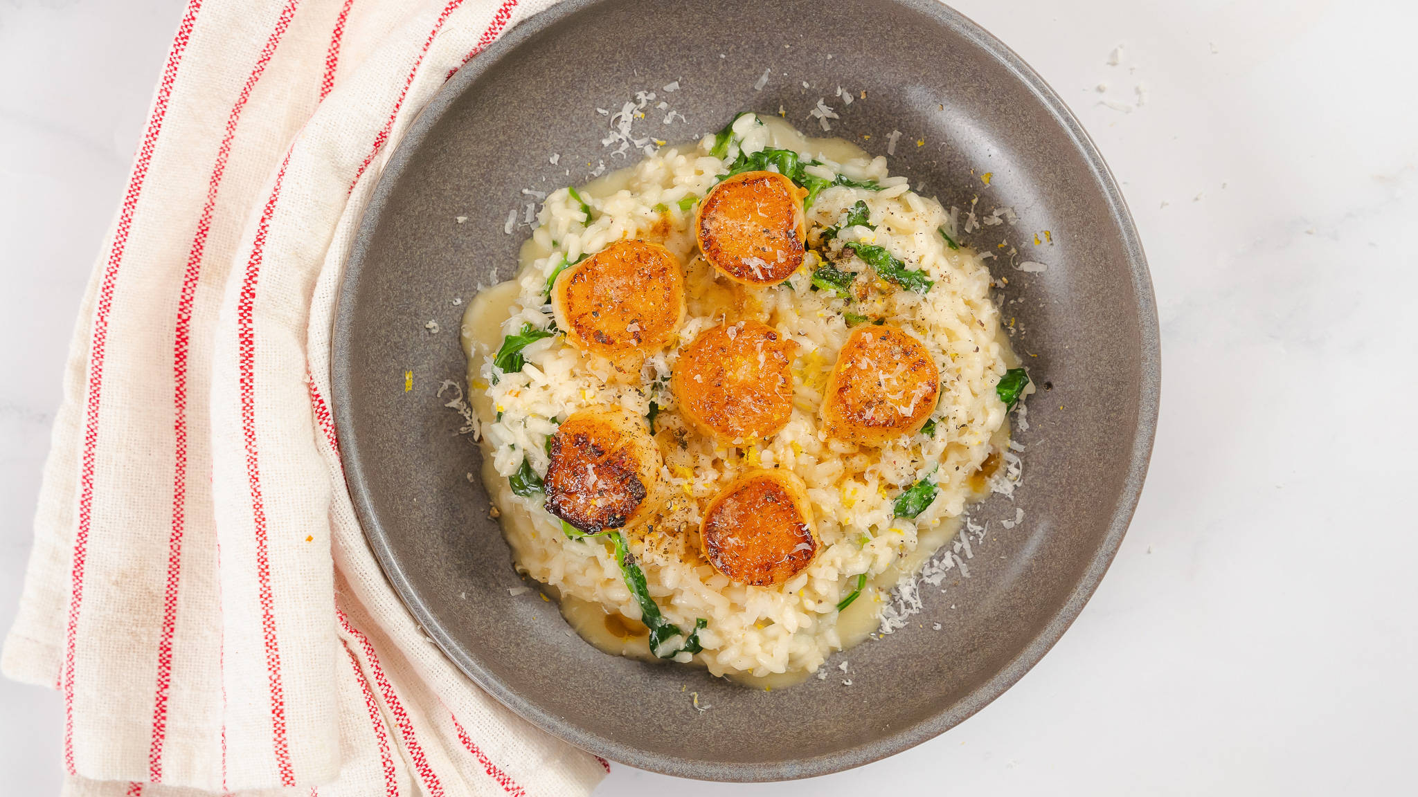 risotto, golden seared scallops, fresh herbs, Full HD Desktop Wallpaper