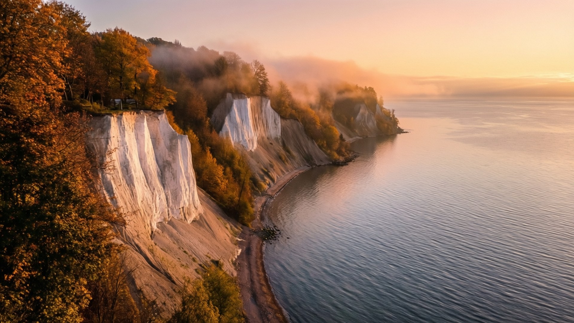 Golden Morning at the Bluffs, autumn trees, white cliffs, Full HD Desktop Wallpaper