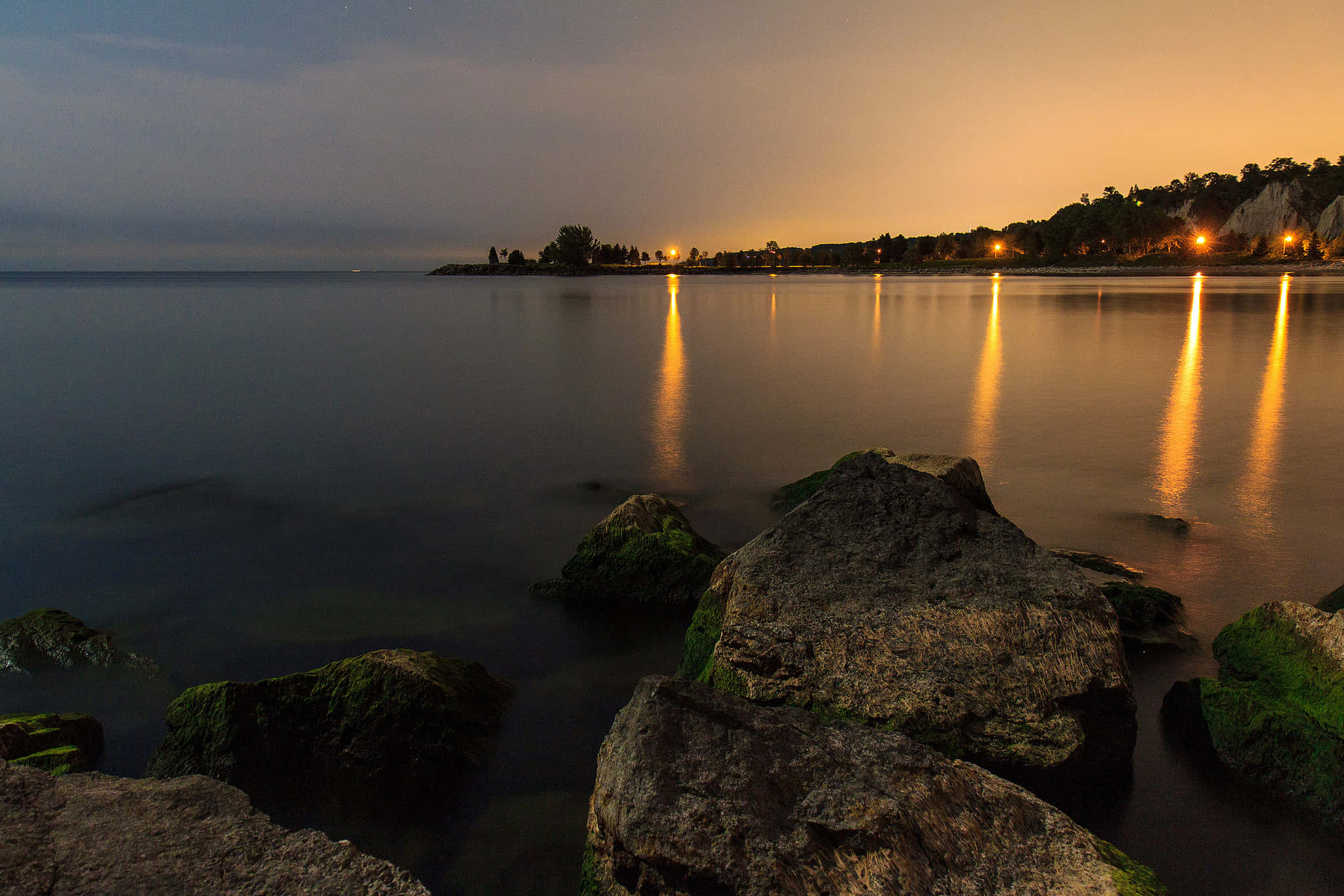 Scarborough Bluffs, twilight reflections, gloving streetlights, Full HD Desktop Wallpaper